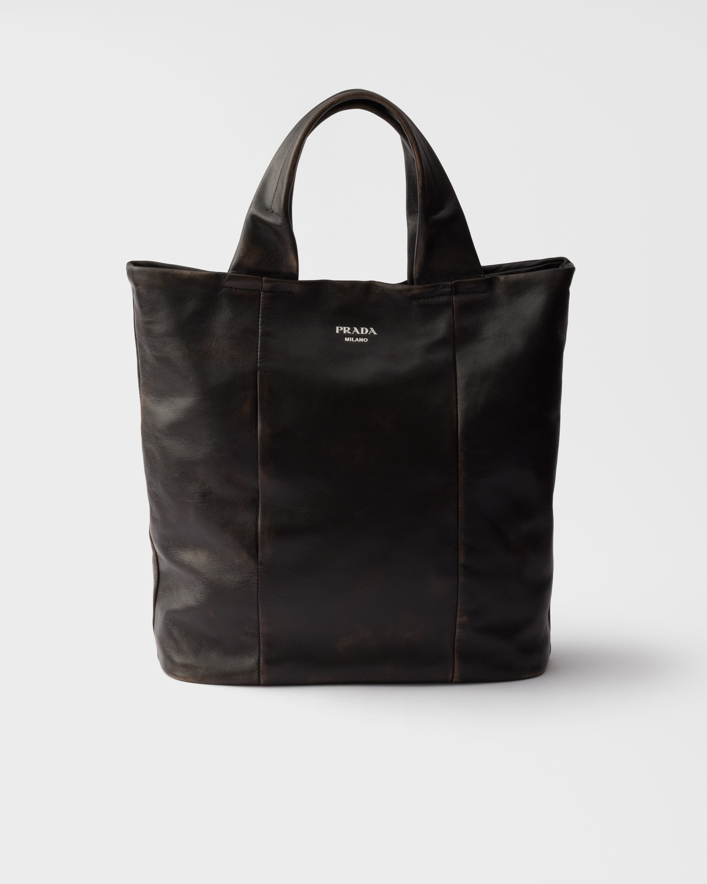 Prada Distressed Nappa Leather Tote Bag, Man, Dark Brown