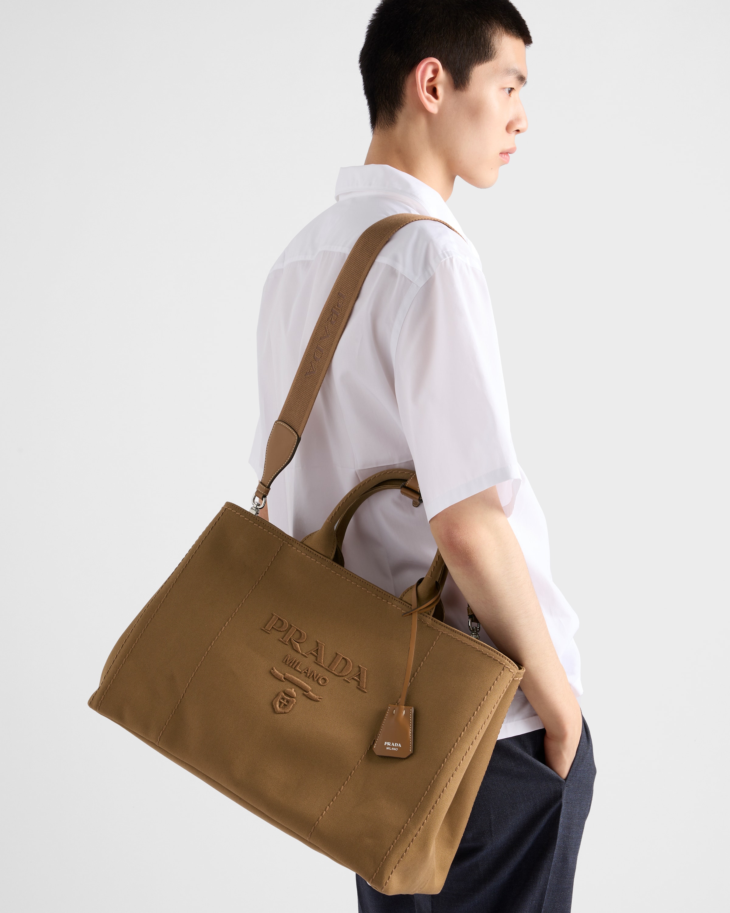 Tabacco Prada Jardinière extra large cotton canvas tote bag