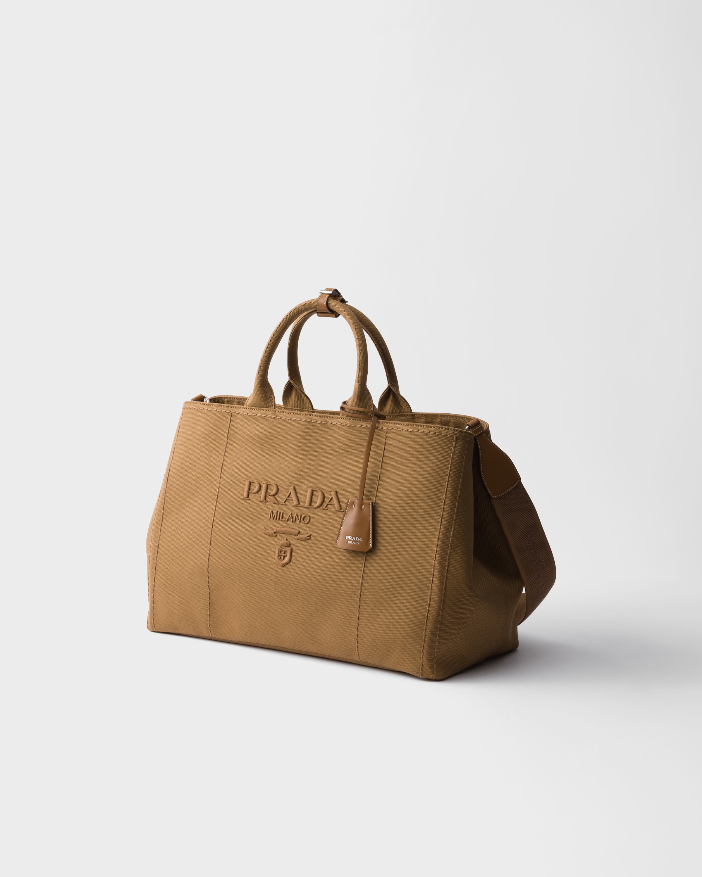 PRADA|TOTEBAGS (1BG493 V OOO 2M2T F0ES7) Tabacco Prada Jardinière Extra Large Cotton Canvas Tote Bag