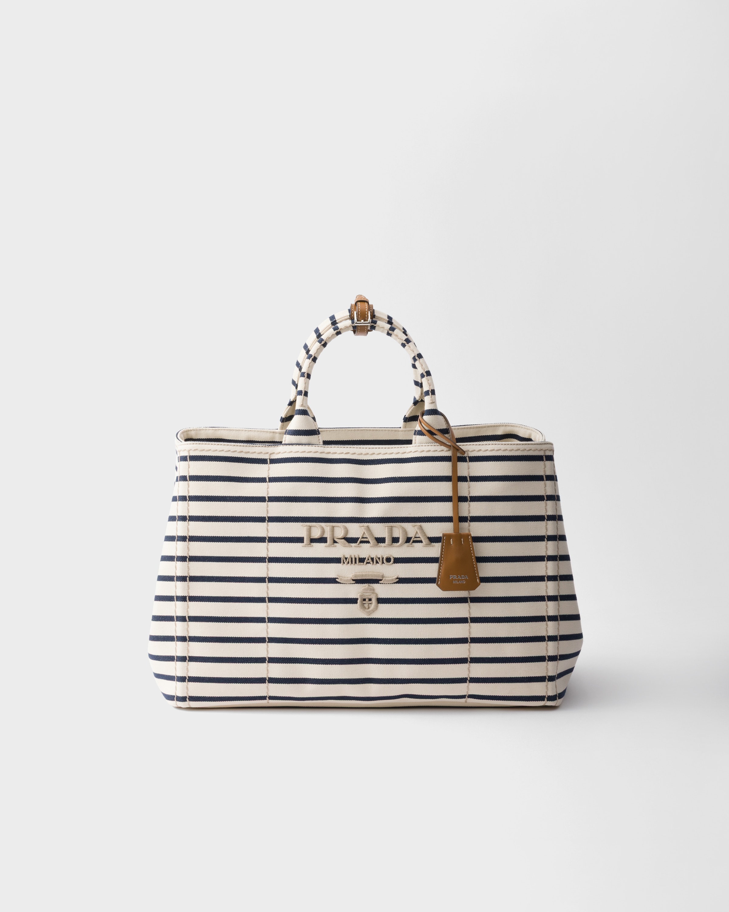 【 PRADA 】ストライプ コットンキャンバス ミニバッグ アイボリー/ブルー ストライプ コットンキャンバス ミニバッグ