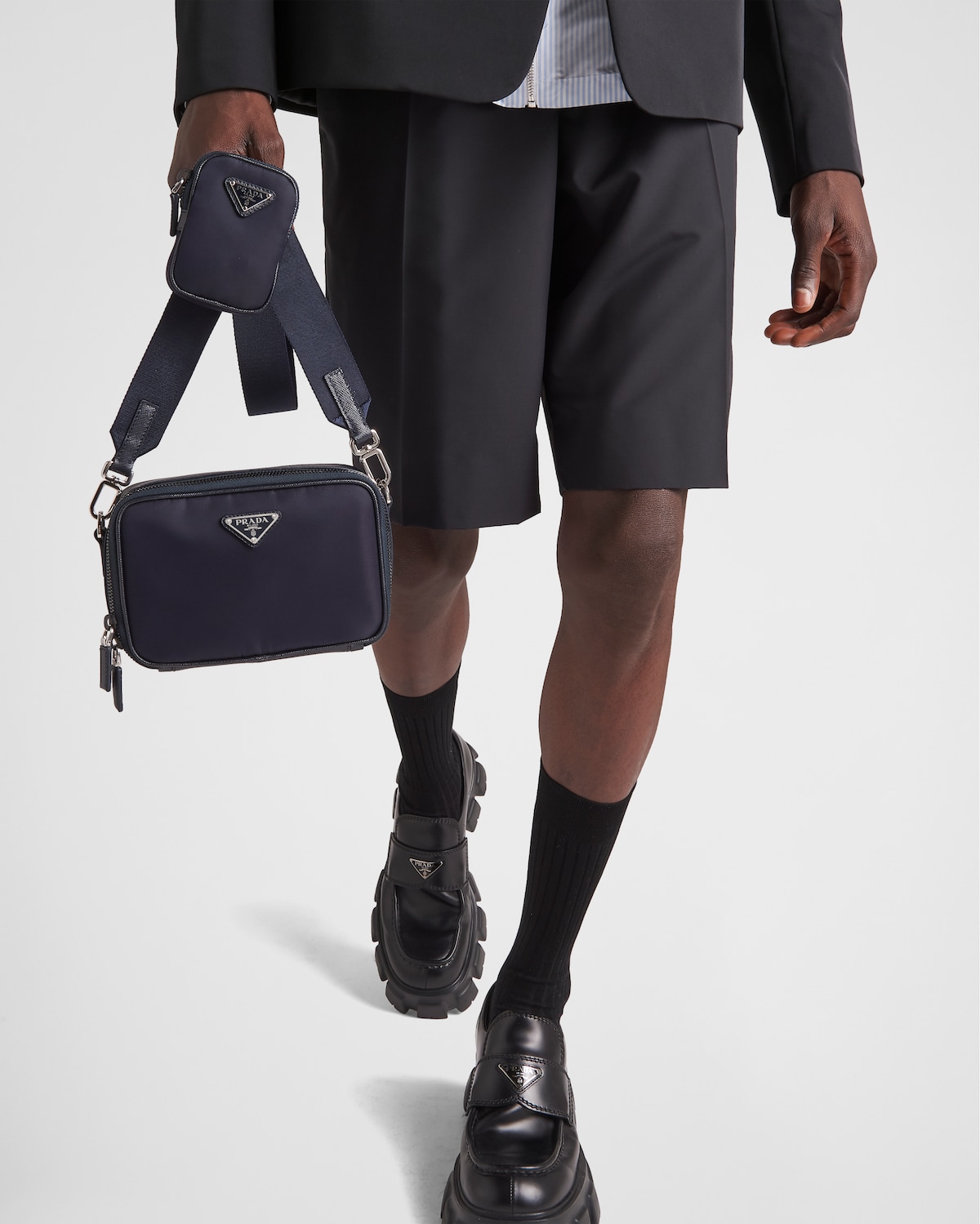 Navy Prada Brique Renylon And Saffiano Leather Bag PRADA