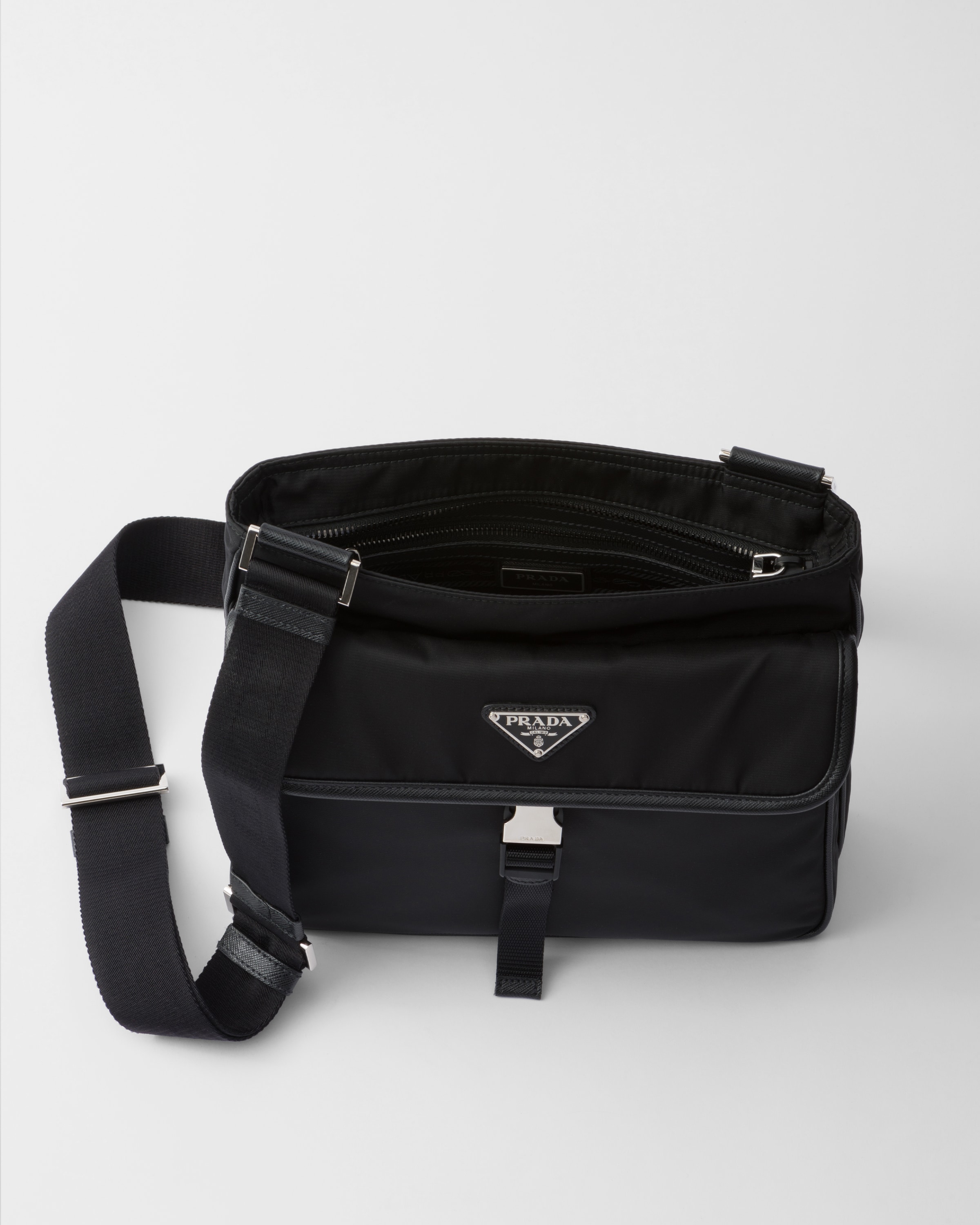 Shop Prada Schultertasche Aus Re-nylon Und Saffiano-leder In Black