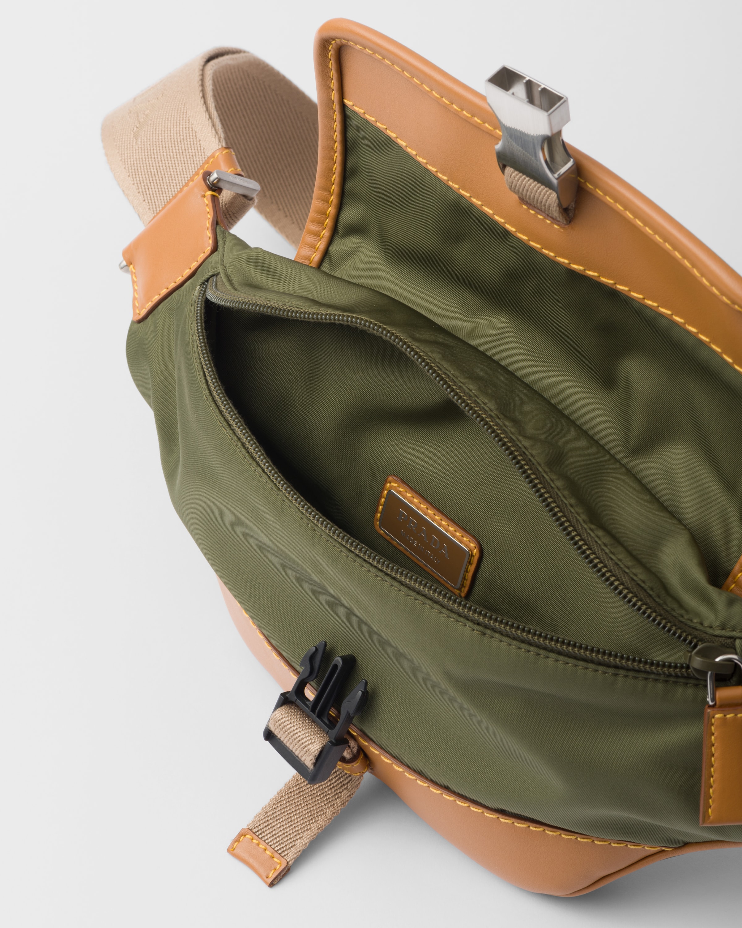 Shop Prada Re-nylon And Leather Shoulder Bag In Militärgrün/karamell