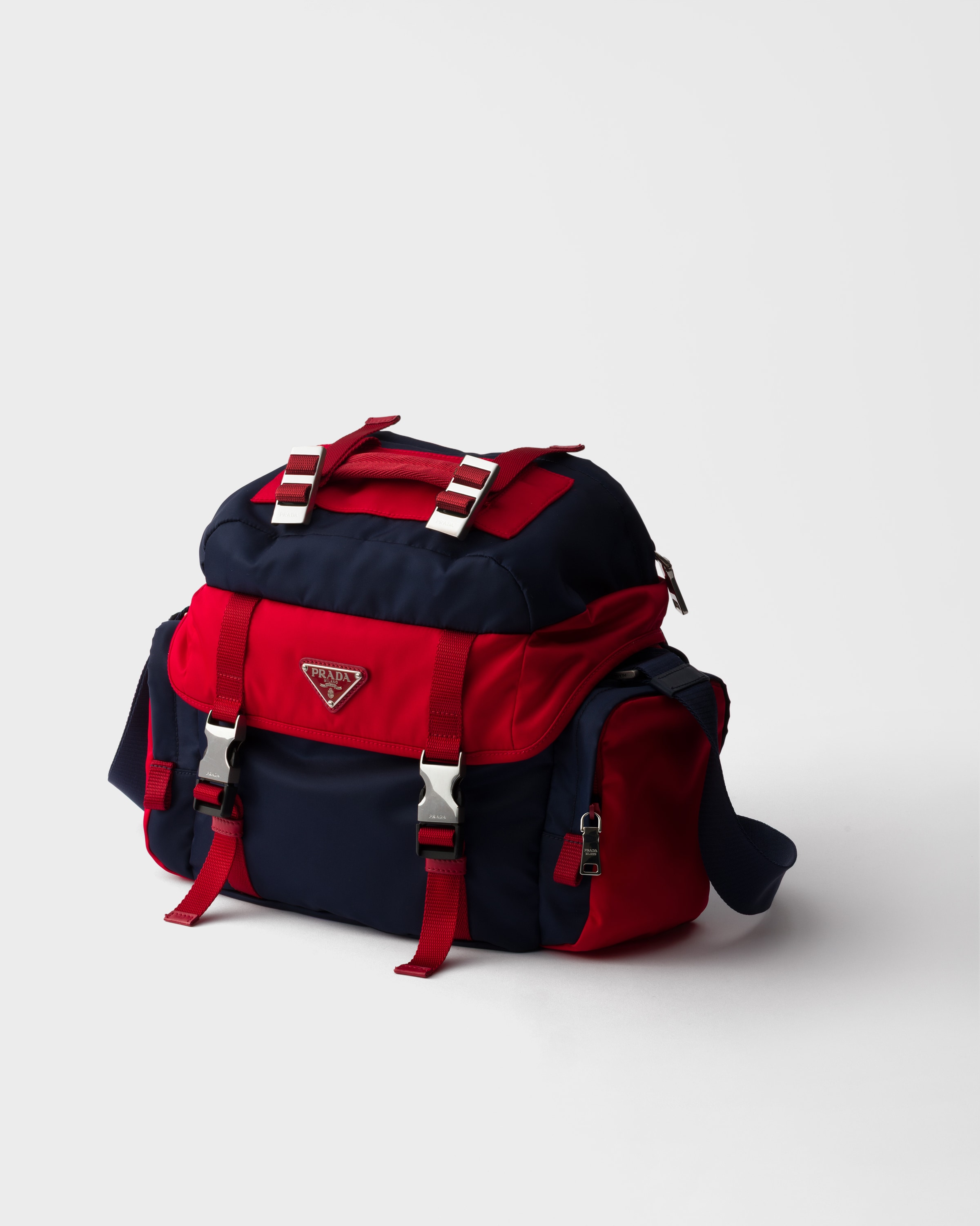 Baltic Blue/Red Re-Nylon and leather shoulder bag | PRADA - United