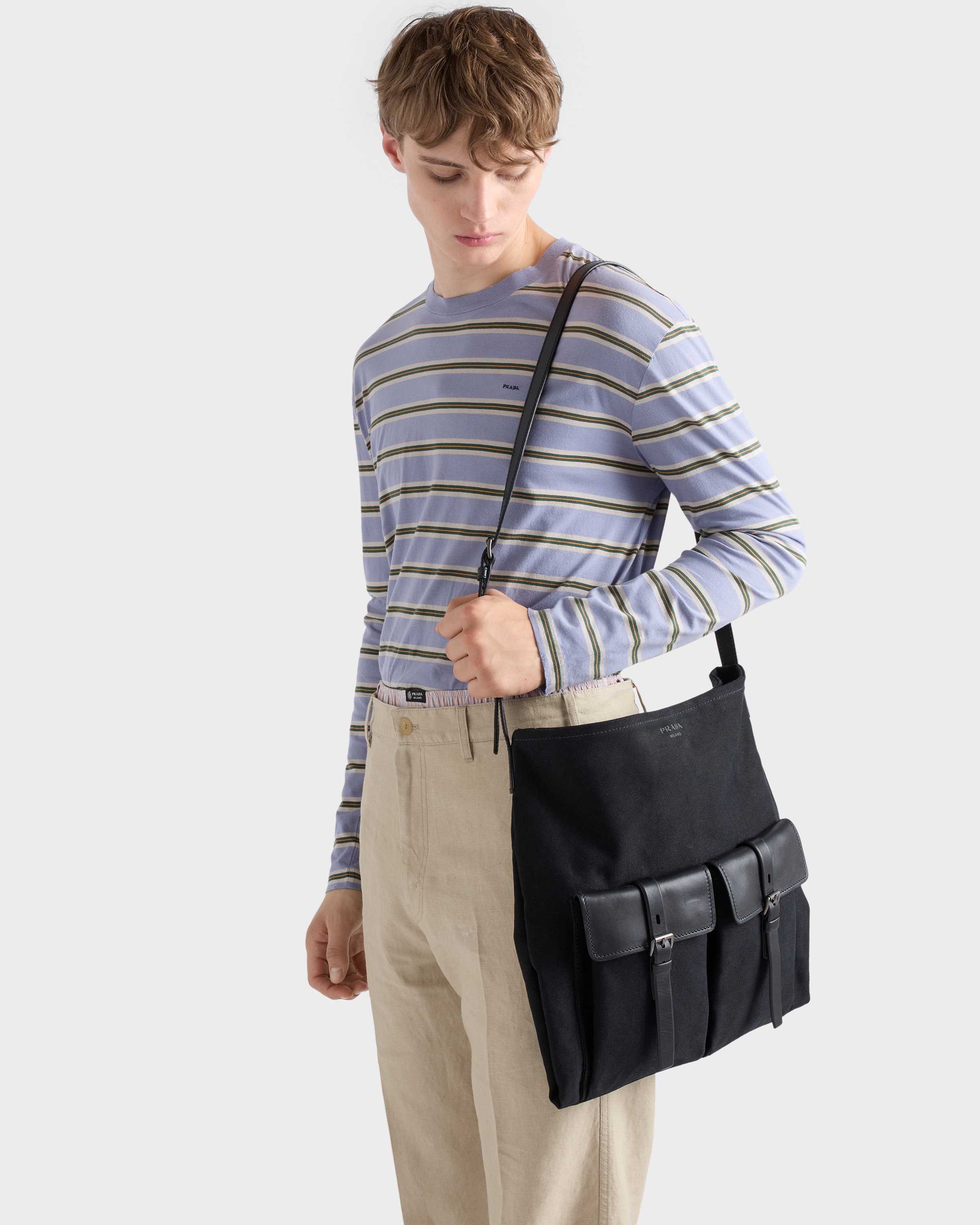 ブラック プラダ ルート キャンバス レザー ショルダーバッグ | PRADA