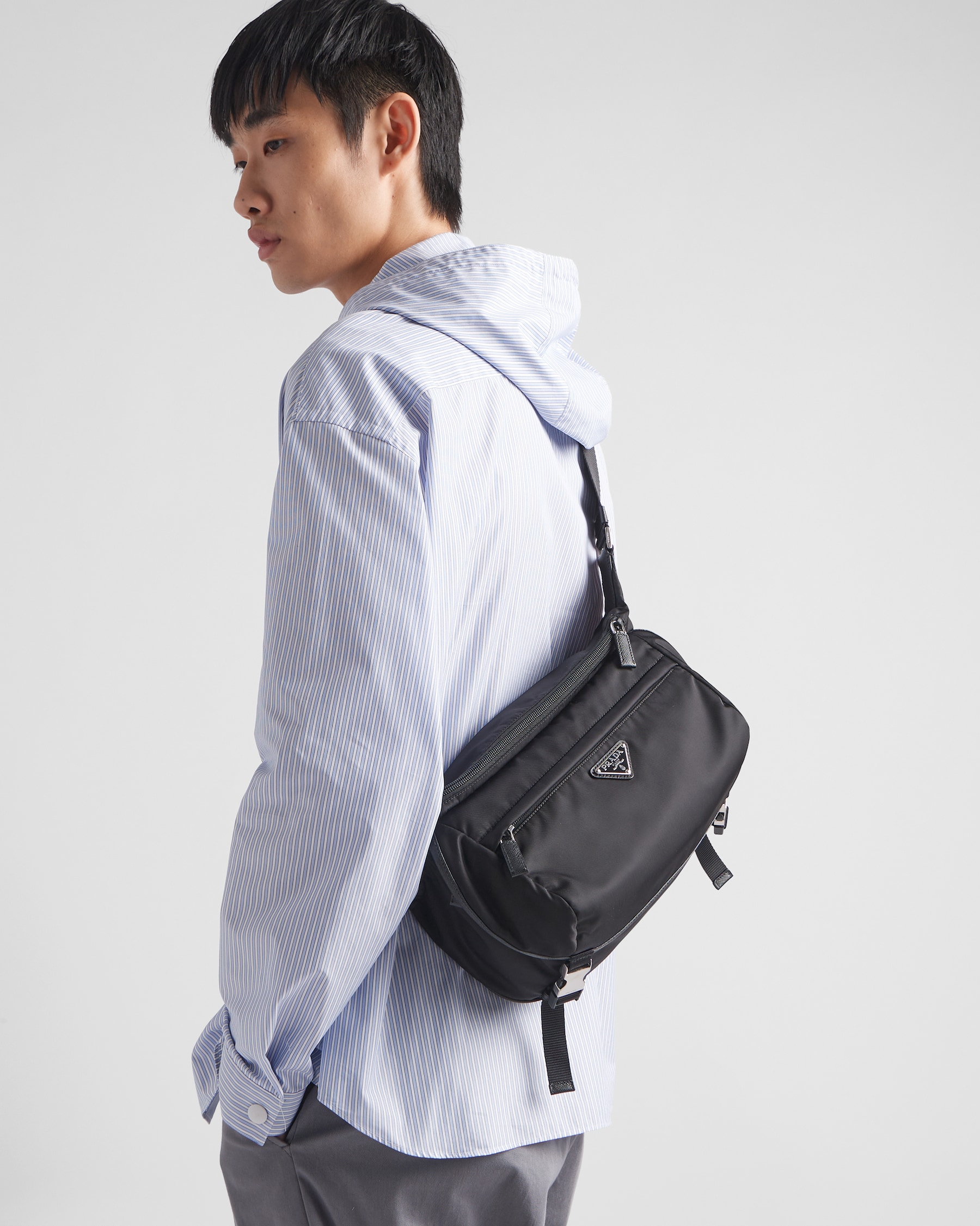 CROSSBODY BAG 29 IN BLACK RE-NYLON AND CALFSKIN TRIM