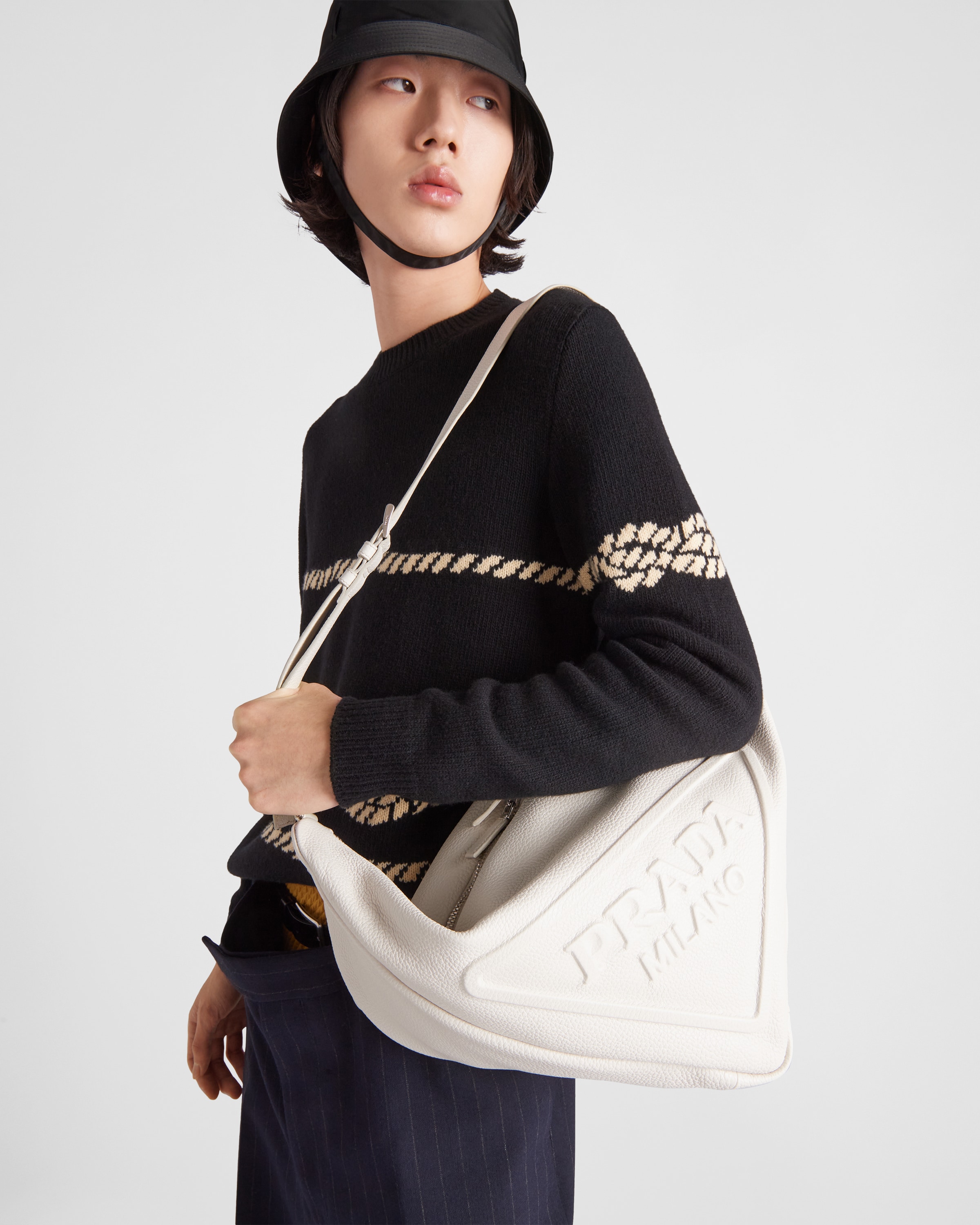 White Prada Triangle Leather Shoulder Bag