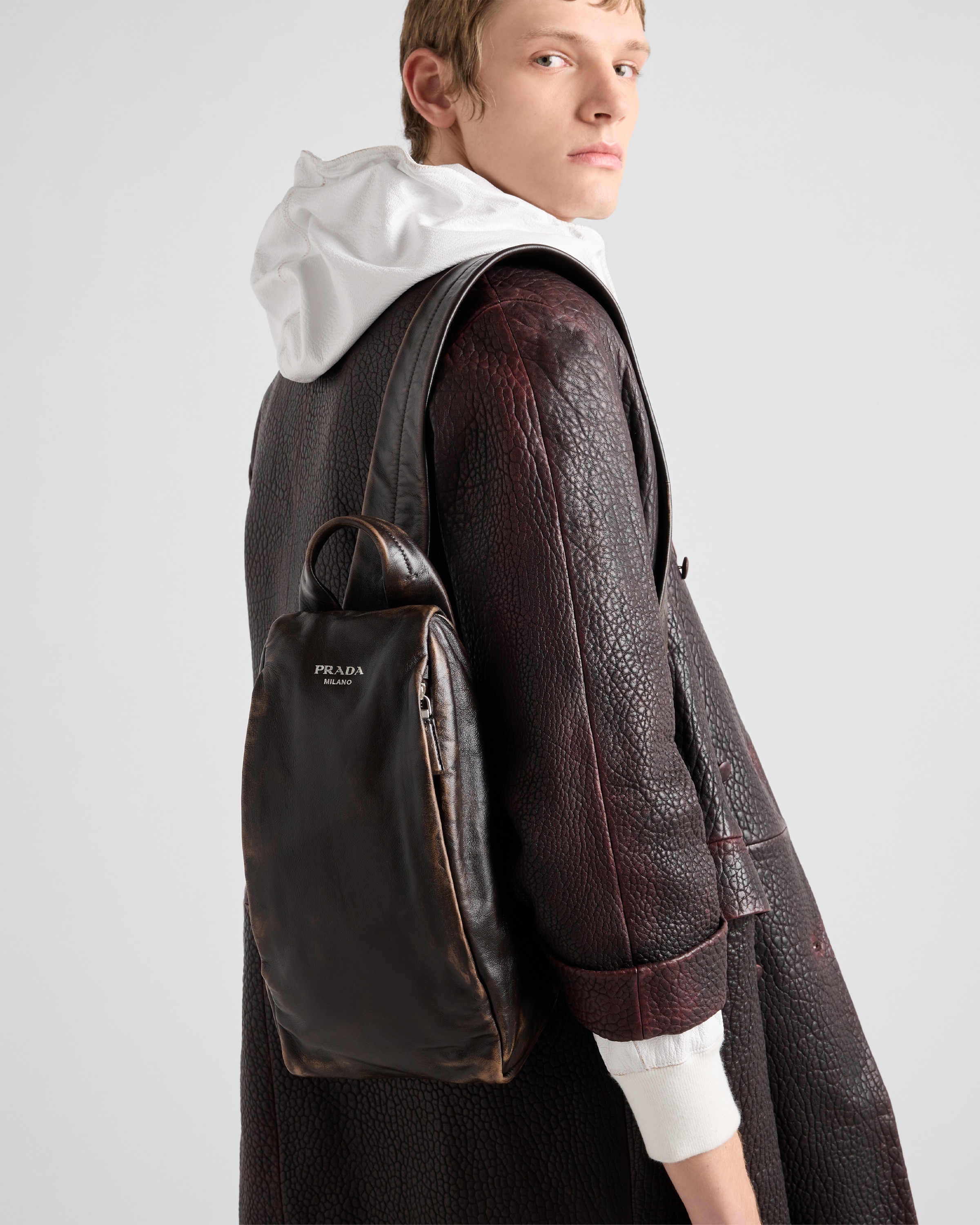 Prada Structured Leather Backpack With Logo Zipper Closure In Dark Brown