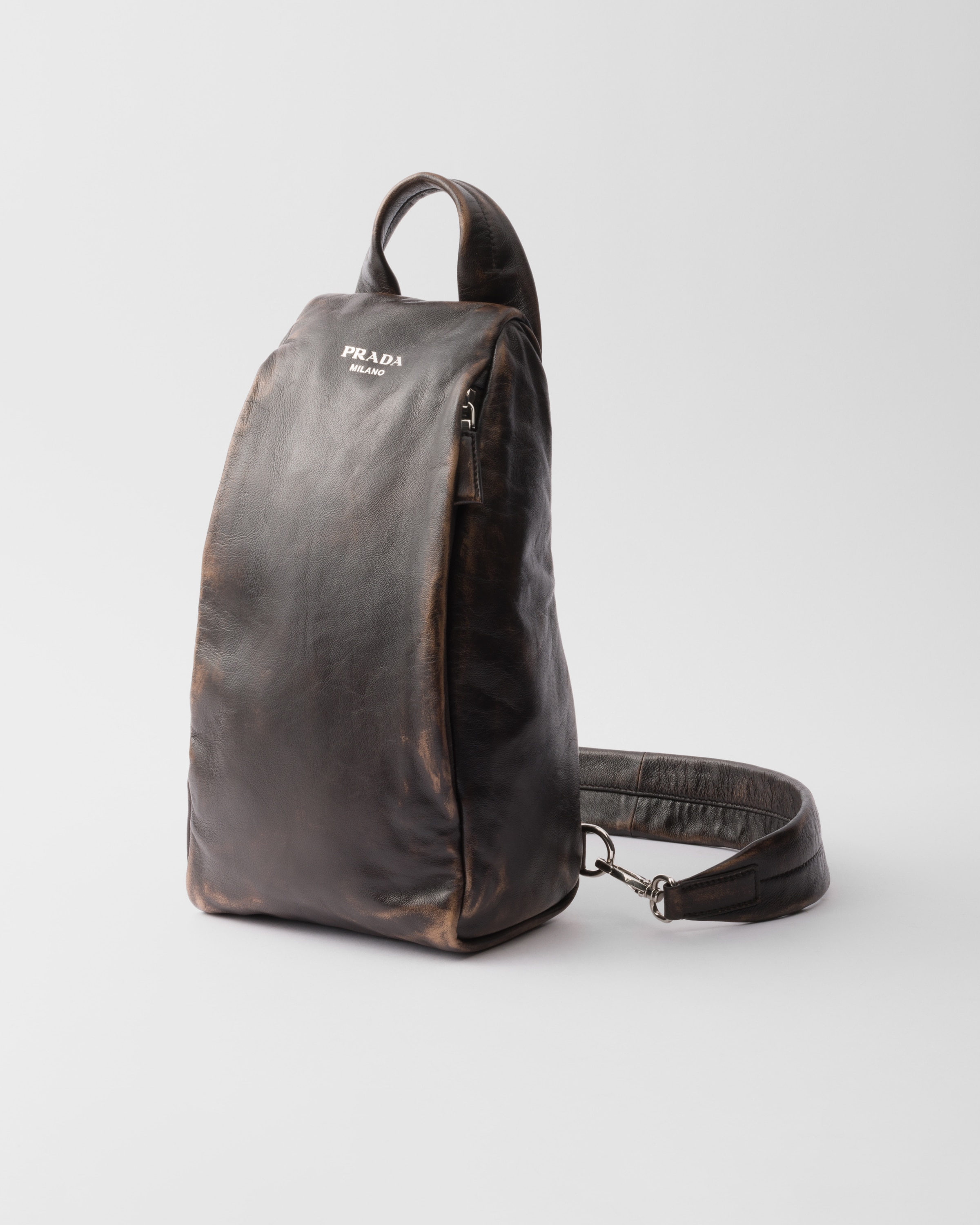Prada Structured Leather Backpack With Logo Zipper Closure In Dark Brown