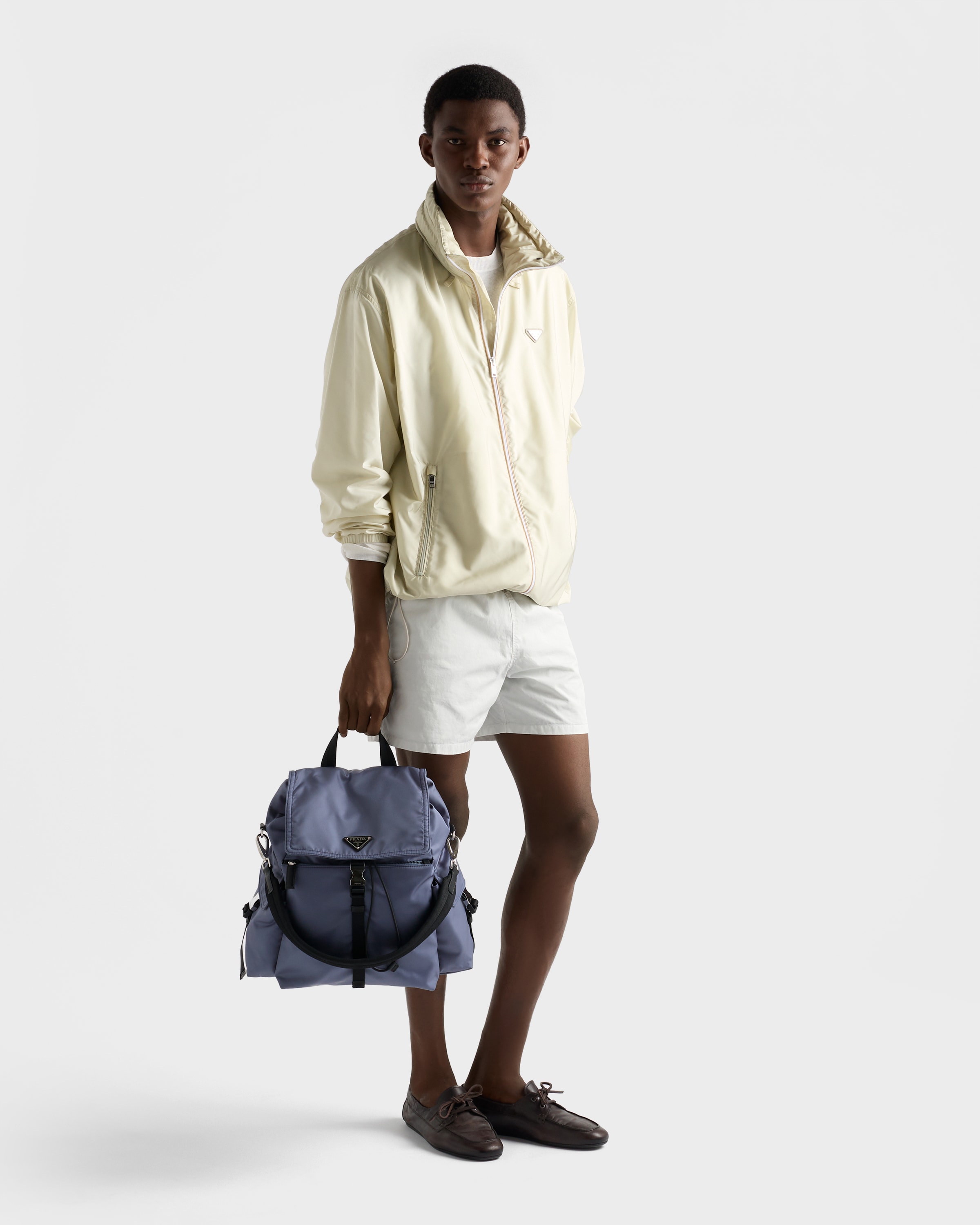 Aviation Blue Prada Explore Re-Nylon and leather backpack | PRADA