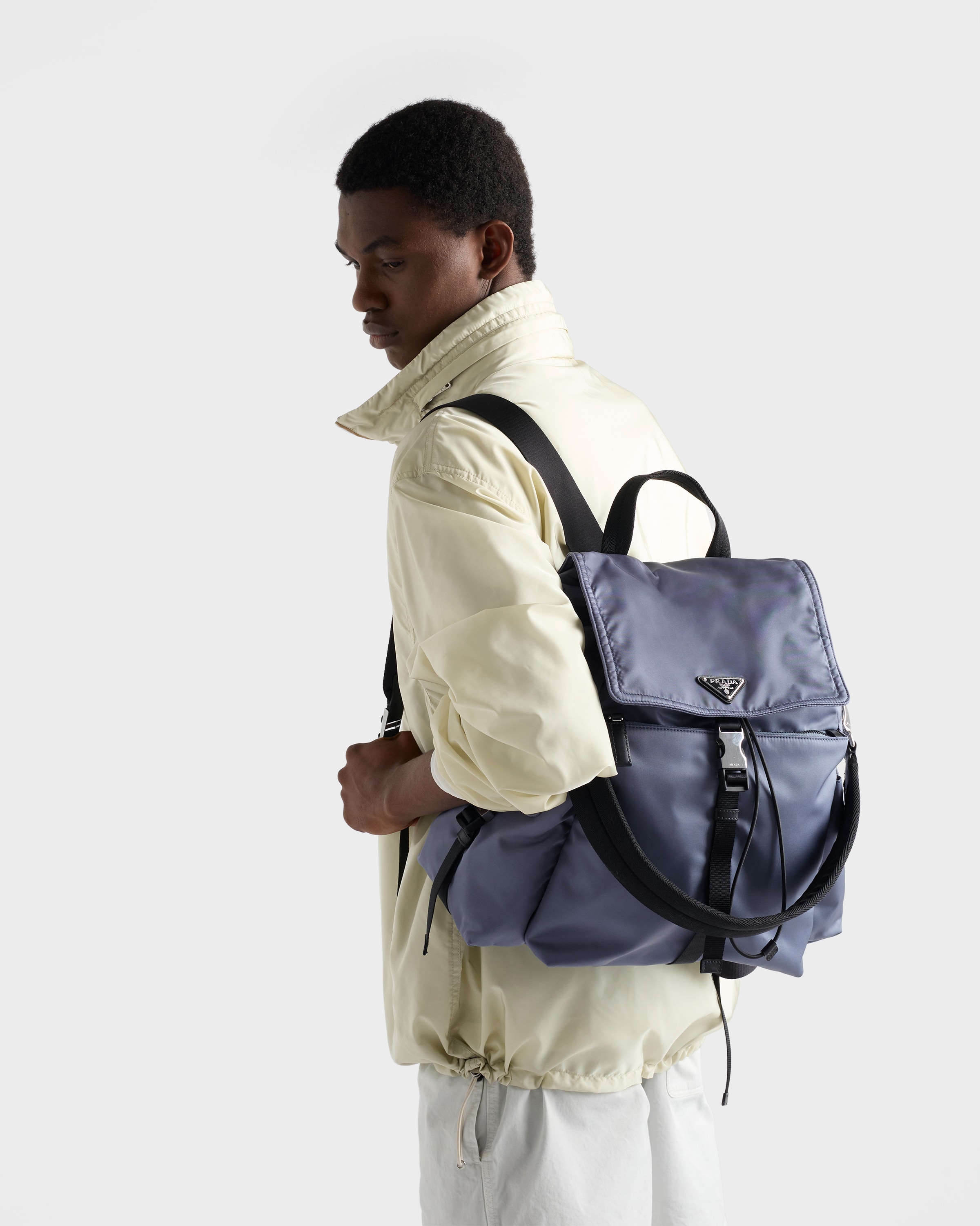 Aviation Blue Prada Explore Re-nylon And Leather Backpack | PRADA