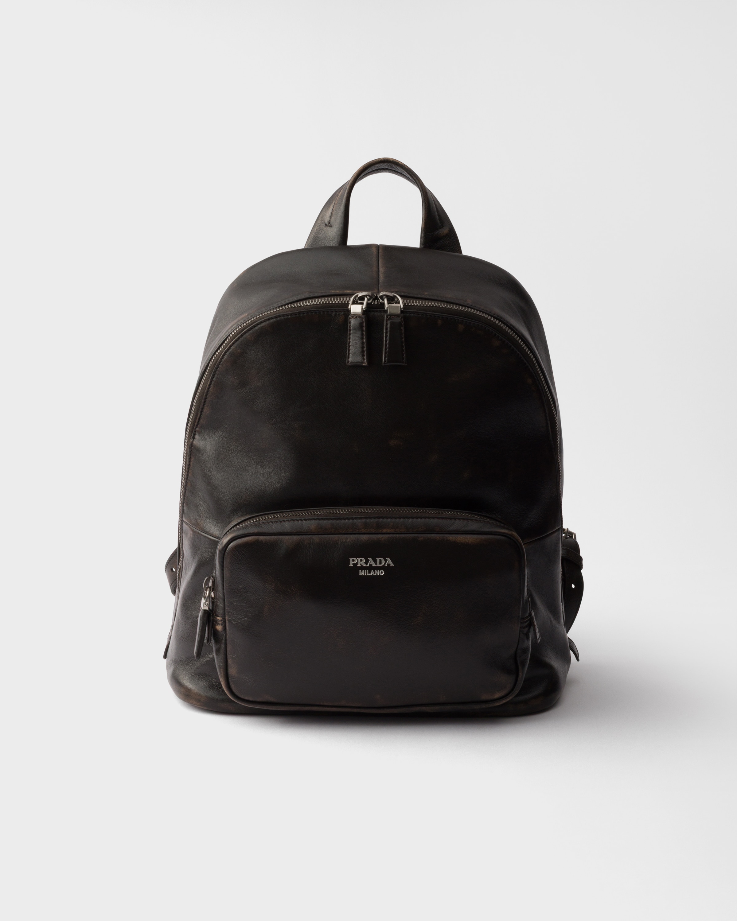 Prada Distressed Nappa Leather Backpack , Man, Dark Brown
