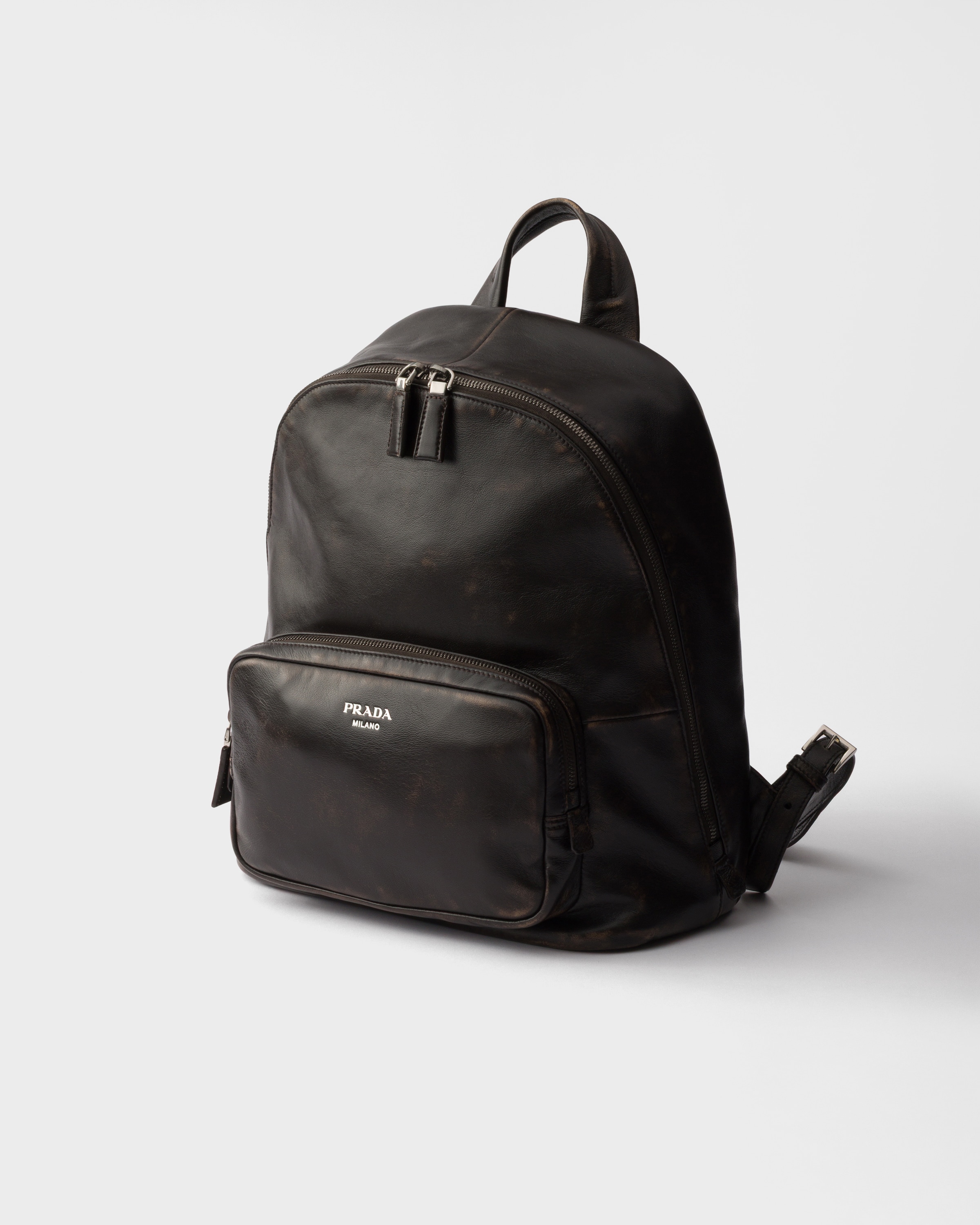 Dark Brown Distressed nappa leather backpack | PRADA - Austria