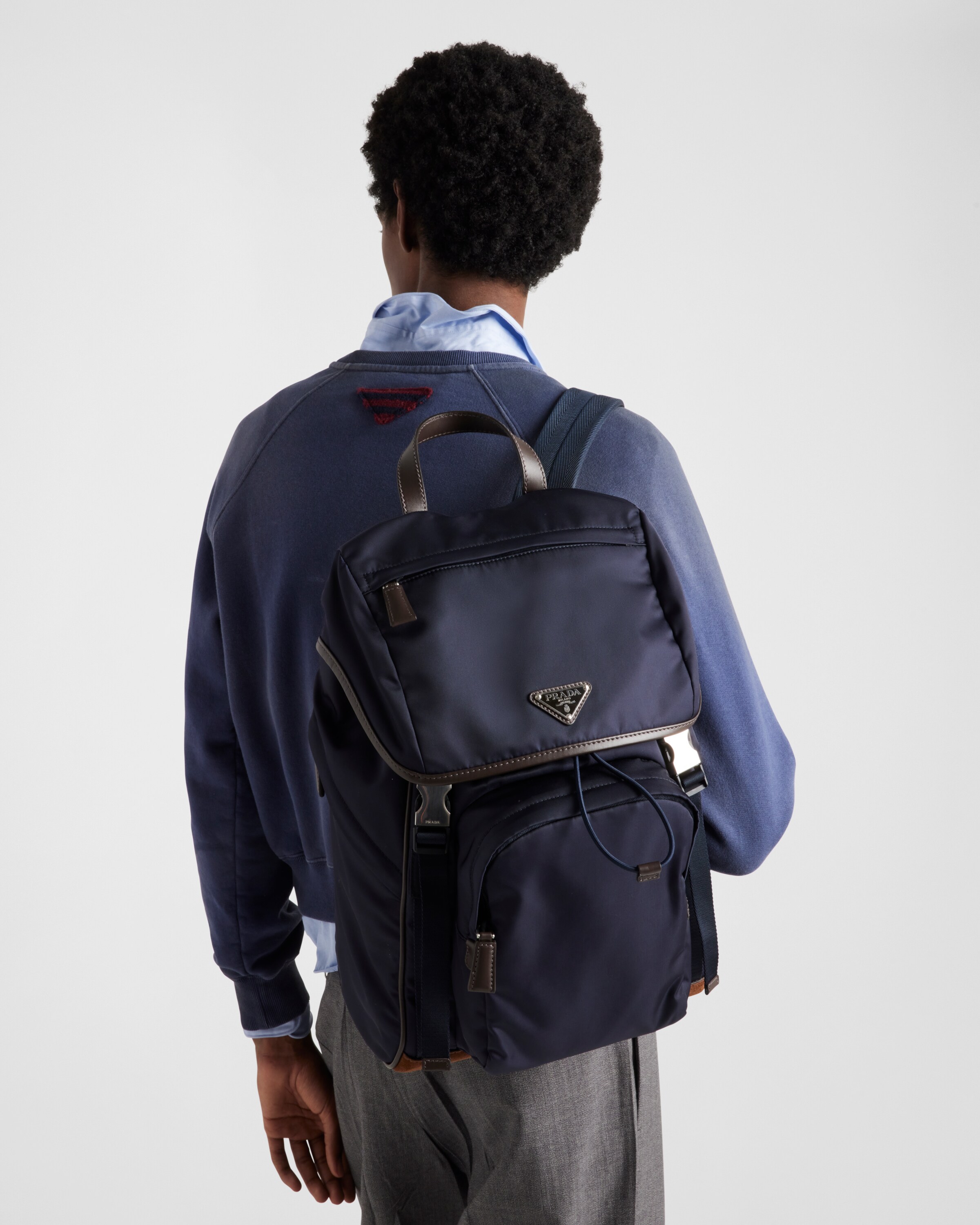 ネイビー/ダークブラウン Re-Nylon xレザー バックパック | PRADA