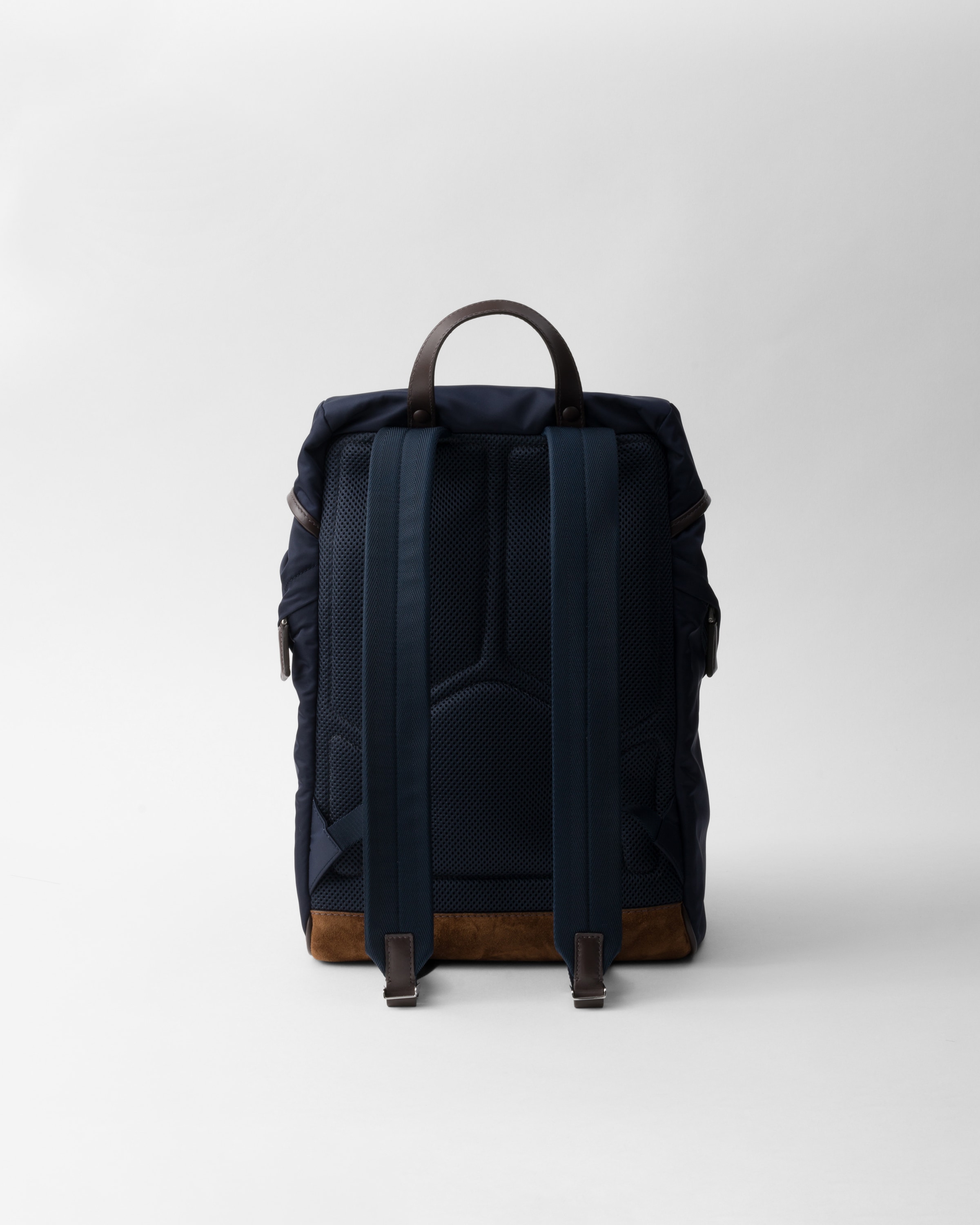 Prada Structured Leather Backpack With Logo Zipper Closure In Blue/coffee