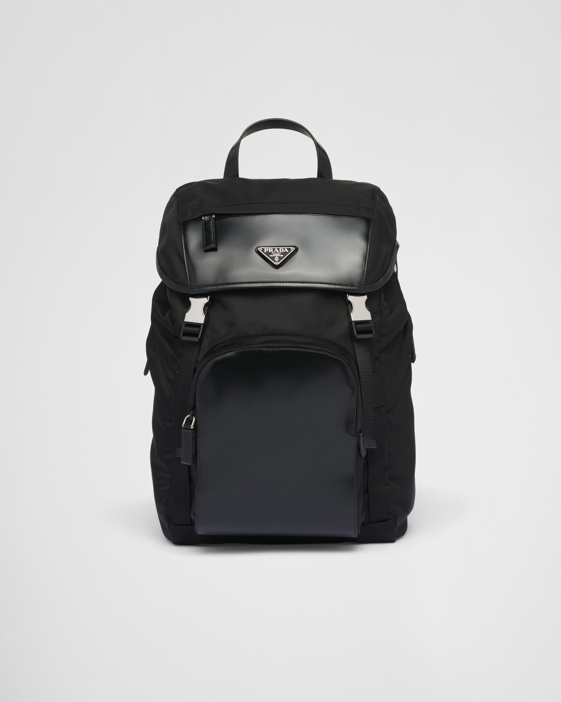 Black Renylon And Brushed Leather Backpack PRADA
