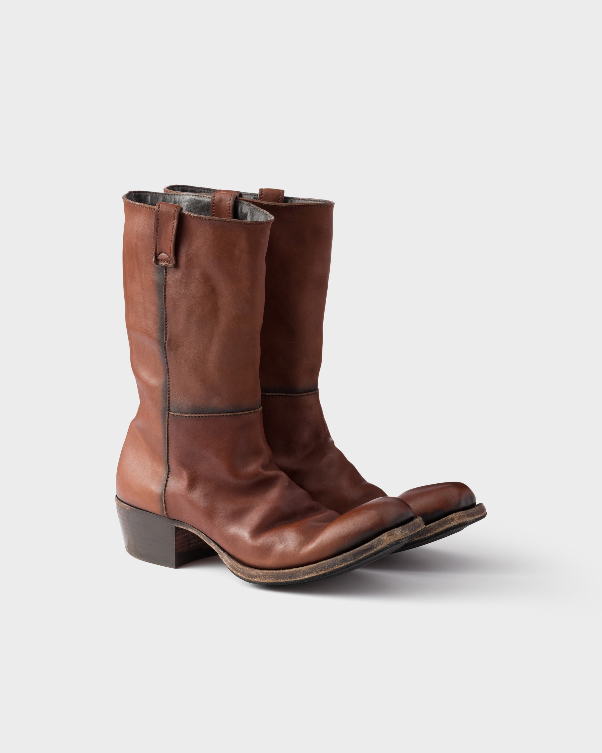 Prada Antique Leather Boots In Brown