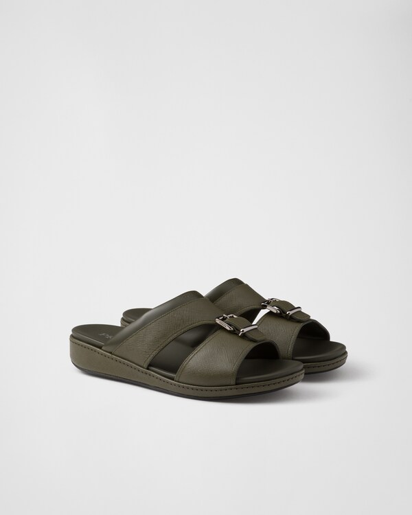 Dark Brown Brushed leather band slides | PRADA