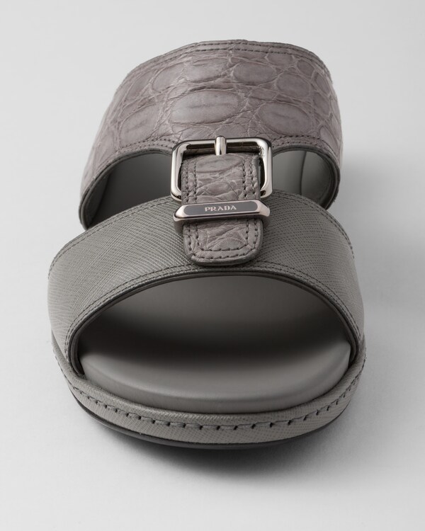 Saffiano and crocodile leather band sandals - Marble Gray Saffiano and crocodile leather band sandals - Marble Gray
