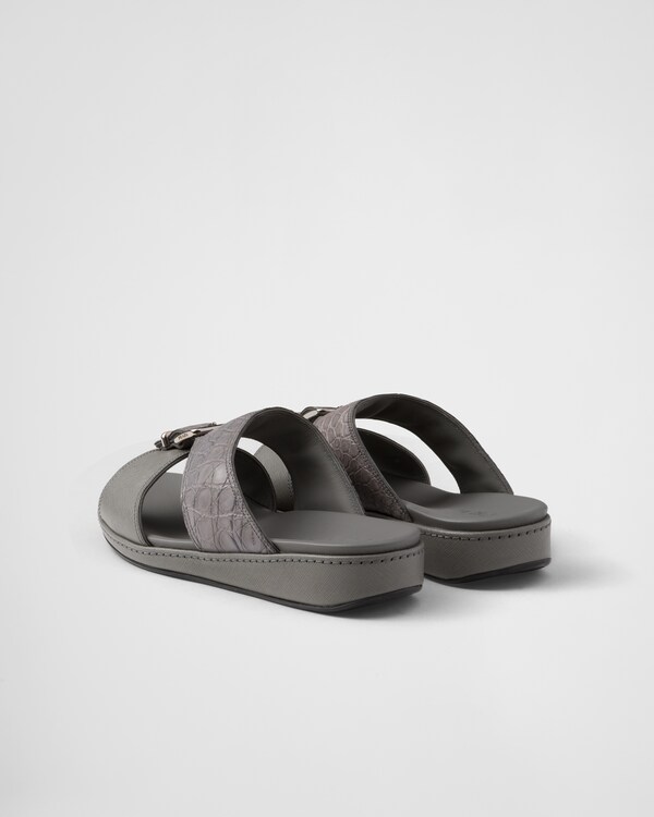 Saffiano and crocodile leather band sandals - Marble Gray Saffiano and crocodile leather band sandals - Marble Gray