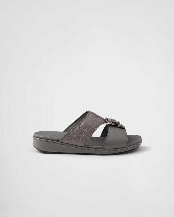 Saffiano and crocodile leather band sandals - Marble Gray Saffiano and crocodile leather band sandals - Marble Gray