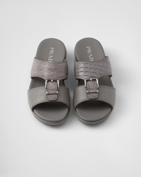 Saffiano and crocodile leather band sandals - Marble Gray Saffiano and crocodile leather band sandals - Marble Gray