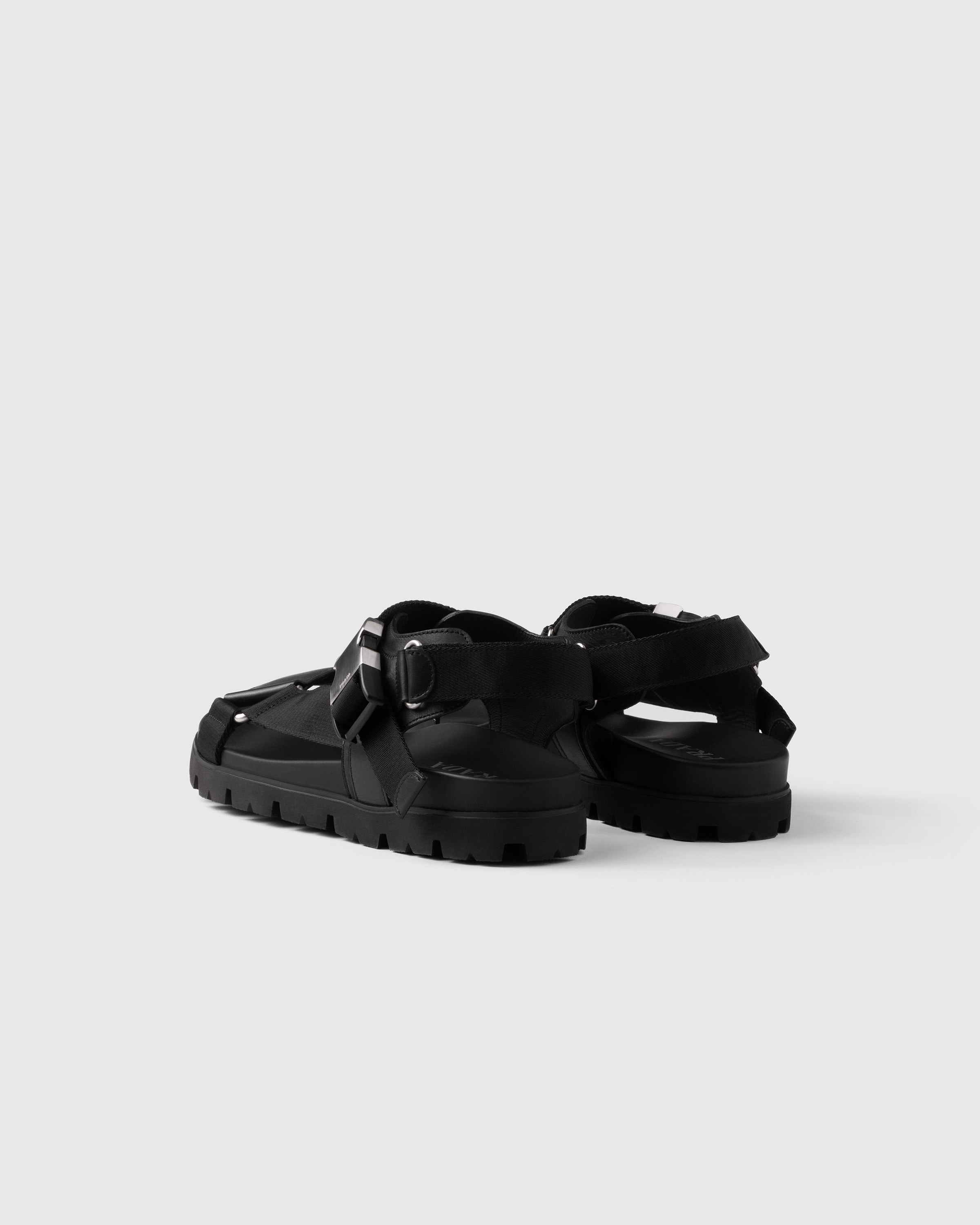 Black Sporty Leather And Re nylon Tape Sandals PRADA
