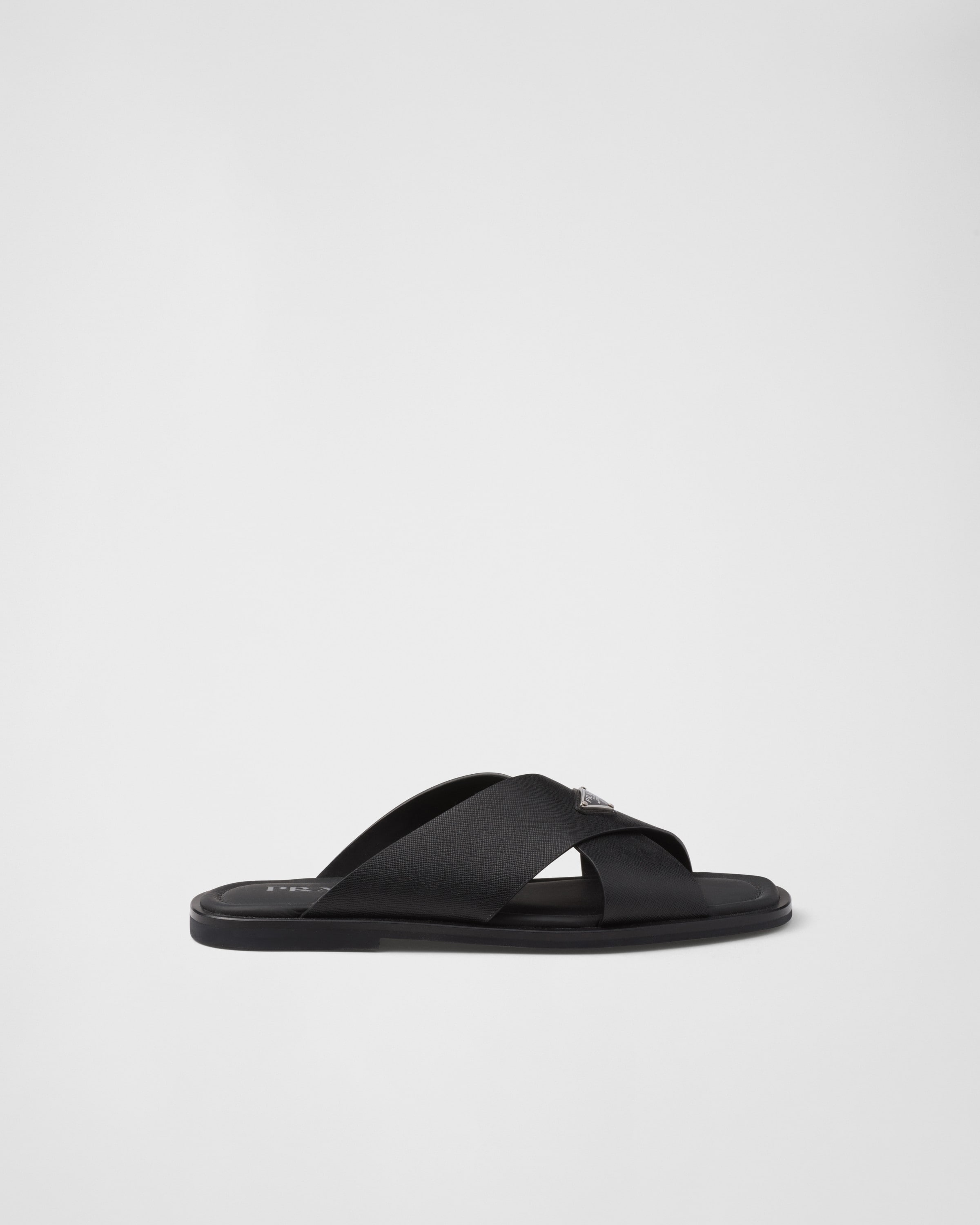 Prada Saffiano Leather Crisscross Slides, Man, Black, Size 8,5