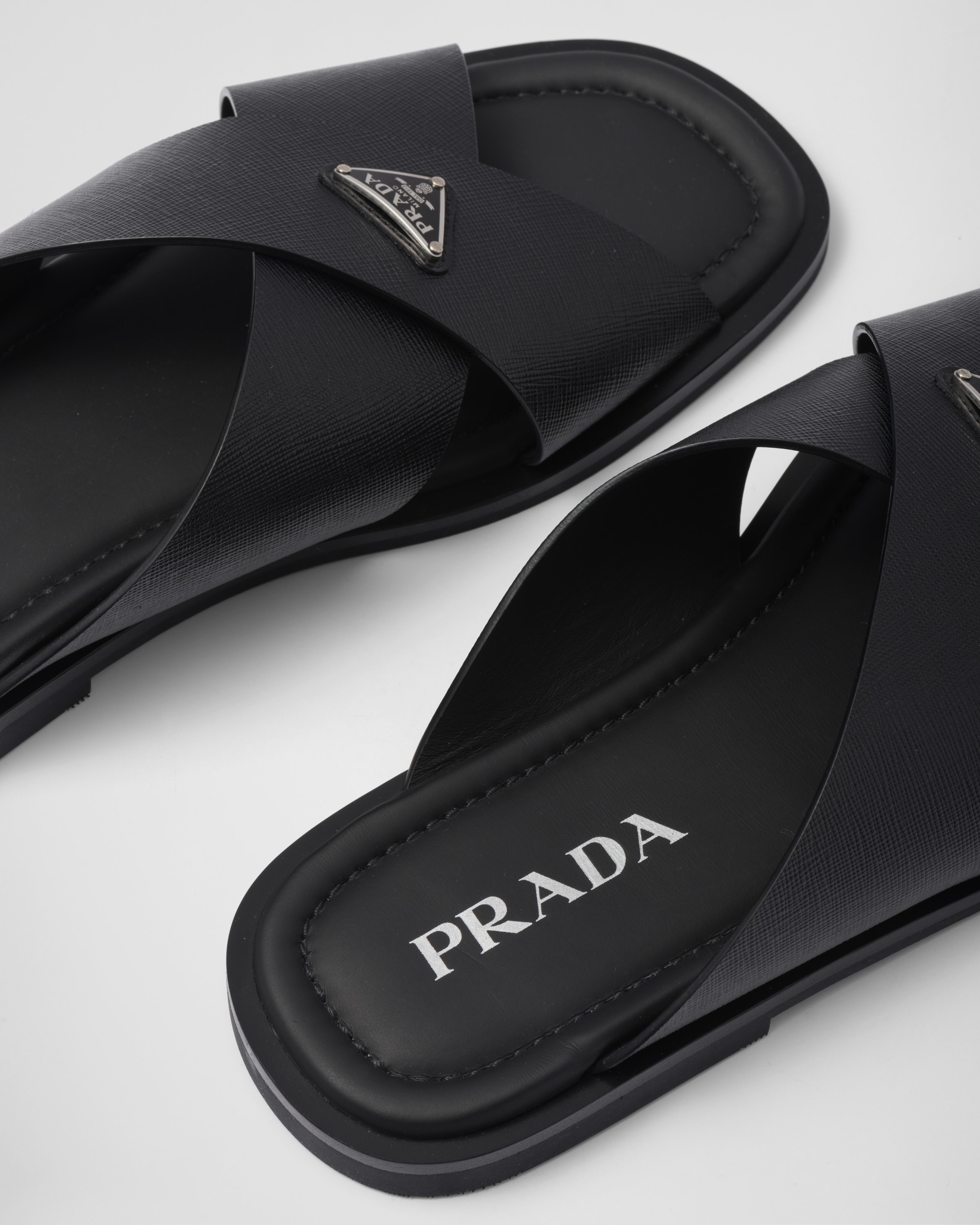 Black Saffiano Leather Crisscross Sandals PRADA