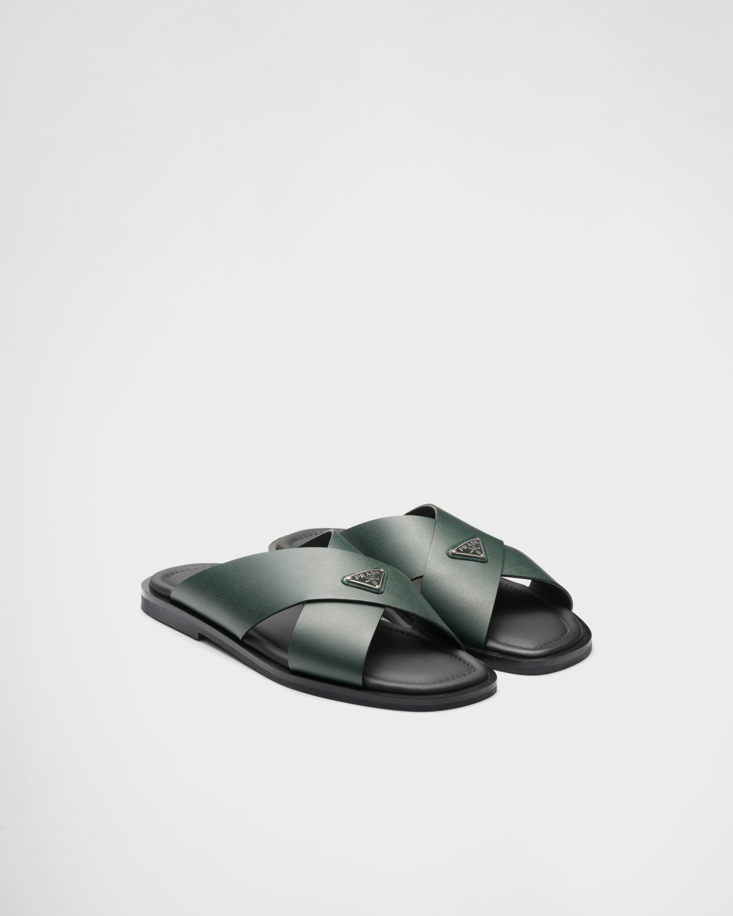Emerald Green Saffiano leather crisscross slides | PRADA - Turkey