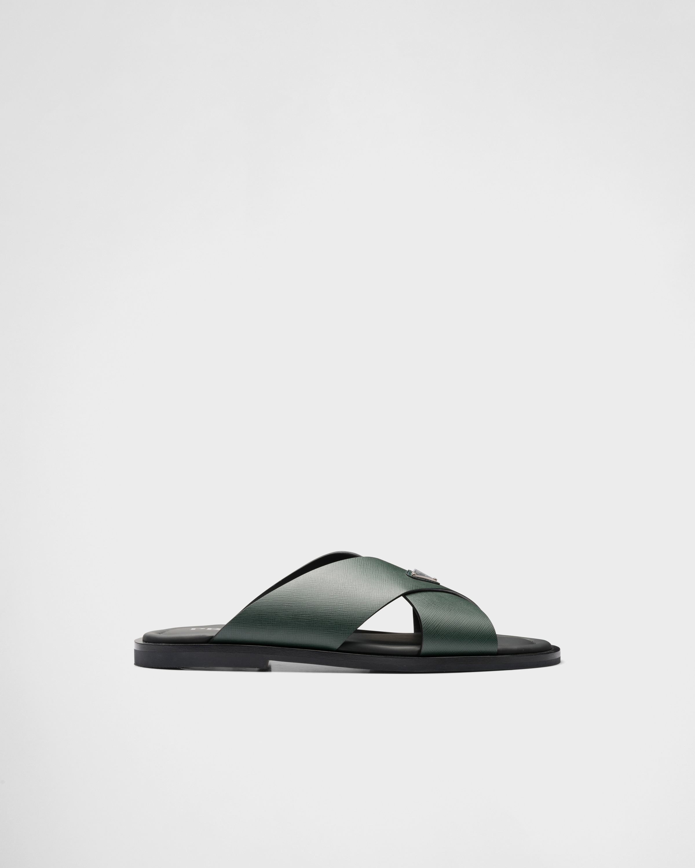 Emerald Green Saffiano Leather Crisscross Slides | PRADA - Saudi