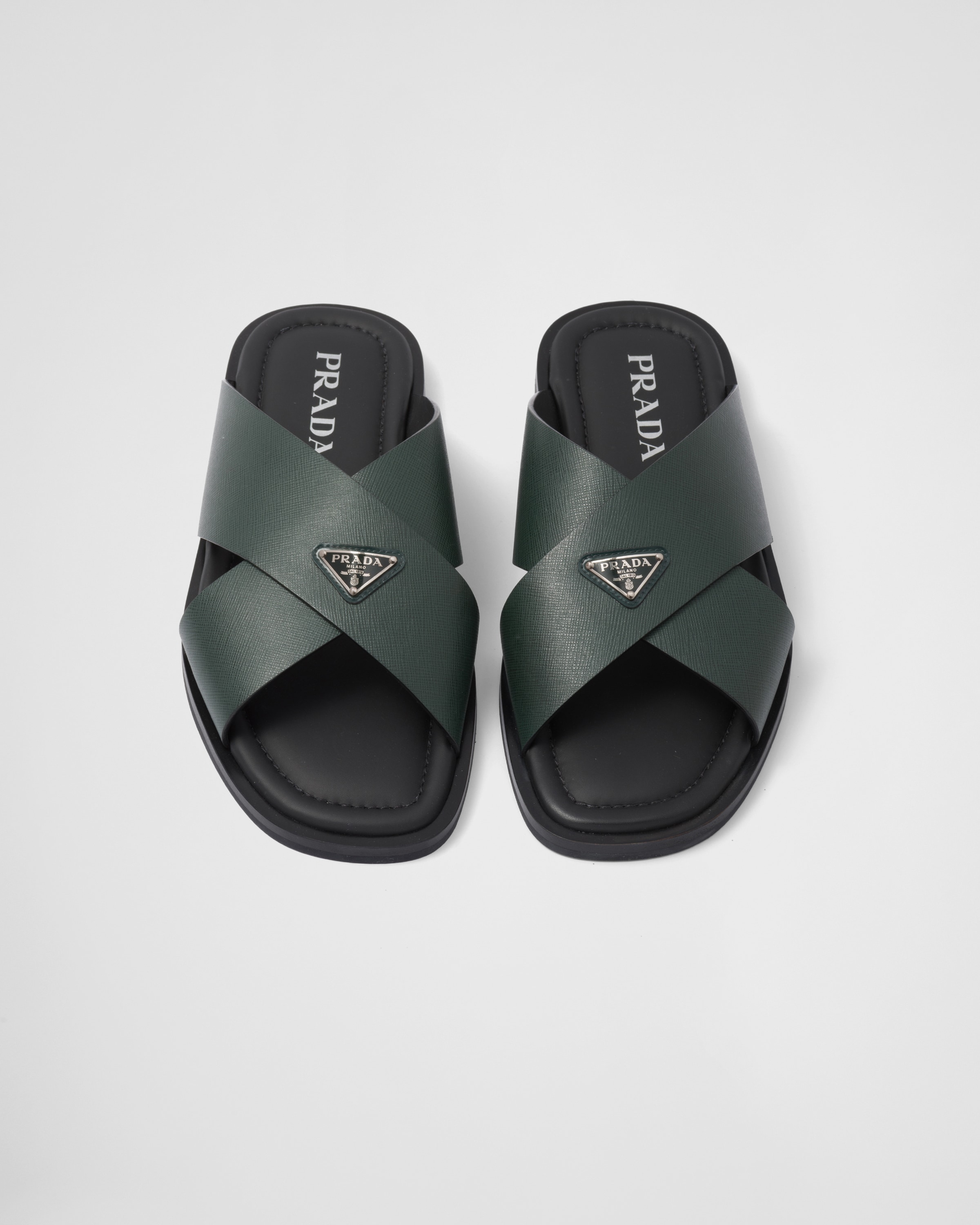 Emerald Green Saffiano Leather Crisscross Slides | PRADA - Saudi
