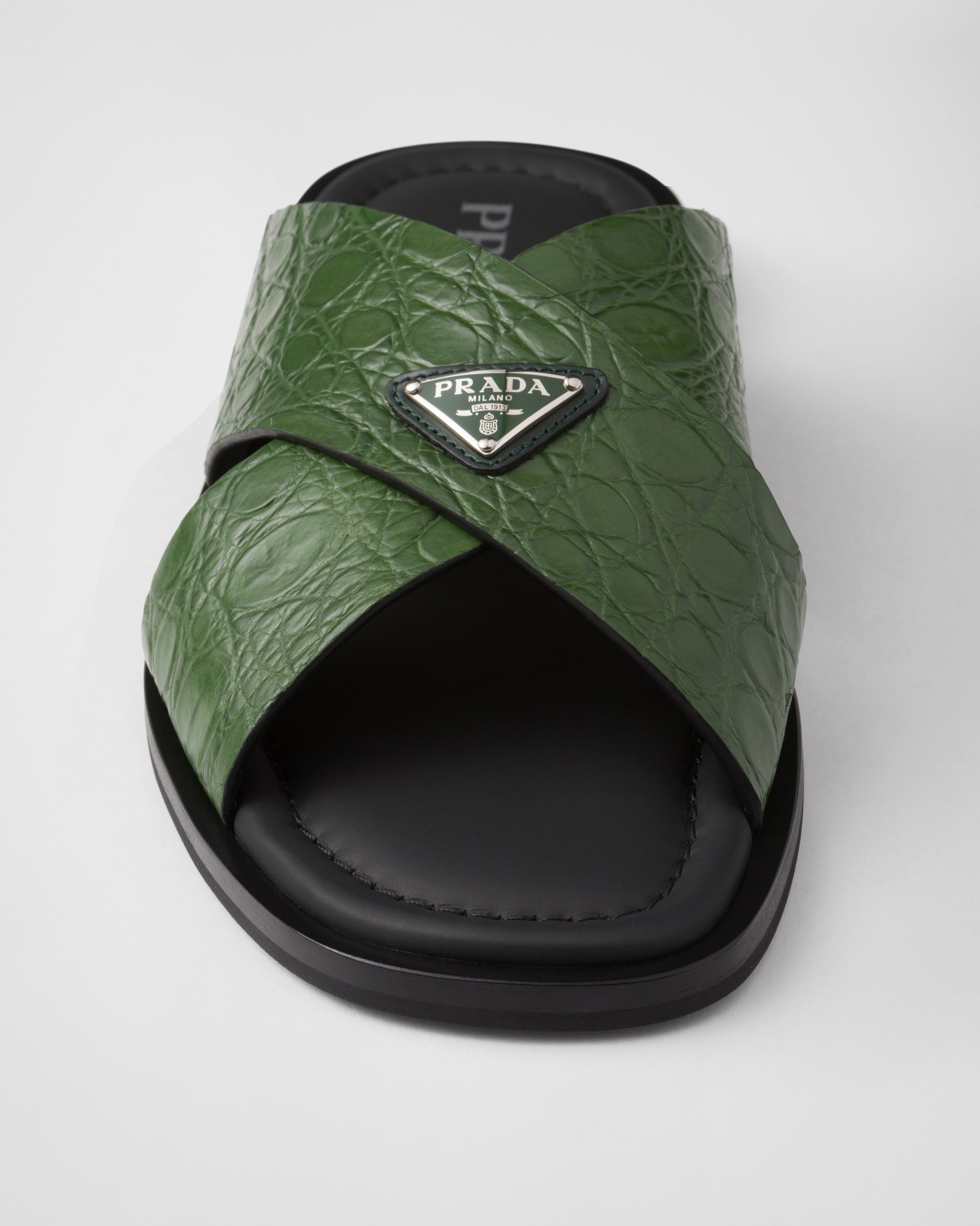 Emerald Green Crocodile Leather Crisscross Sandals | PRADA