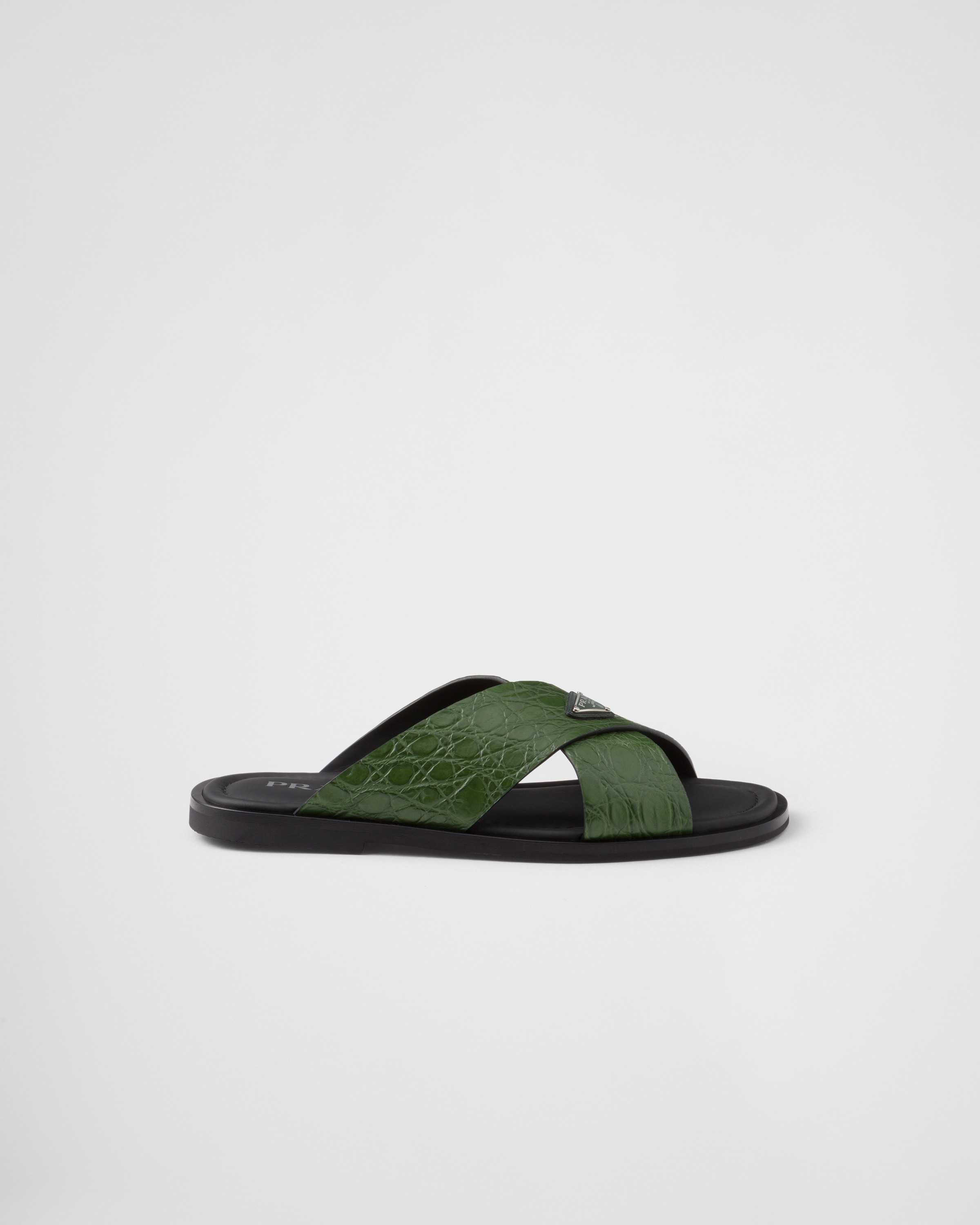 Emerald Green Crocodile Leather Crisscross Sandals | PRADA