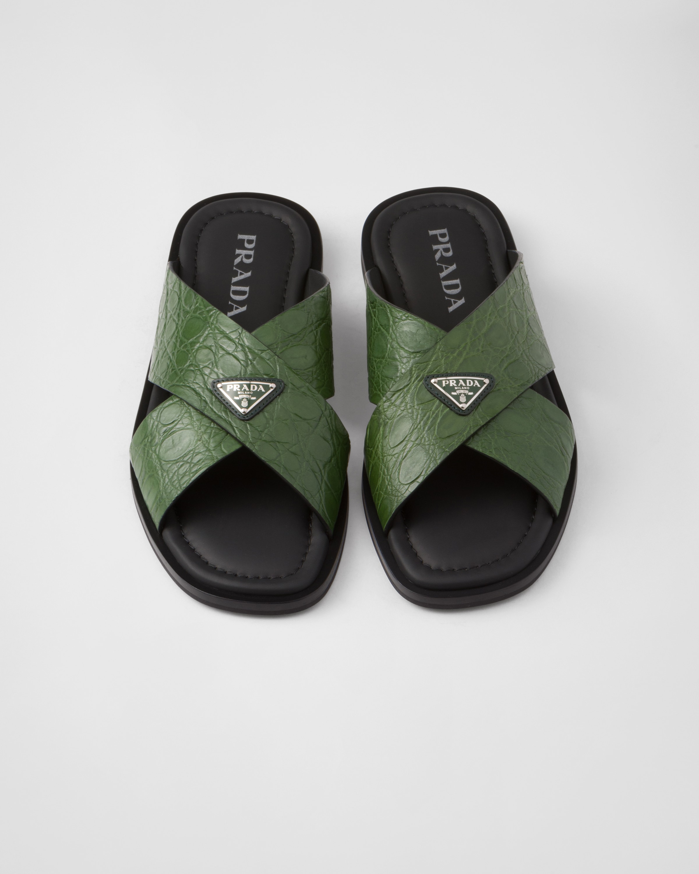 Emerald Green Crocodile Leather Crisscross Sandals | PRADA