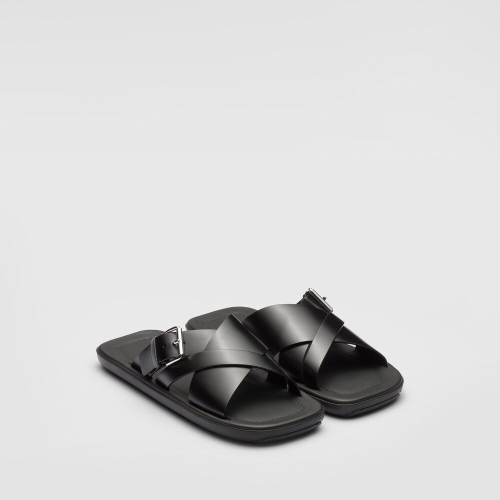 Black Brushed leather slides | Prada