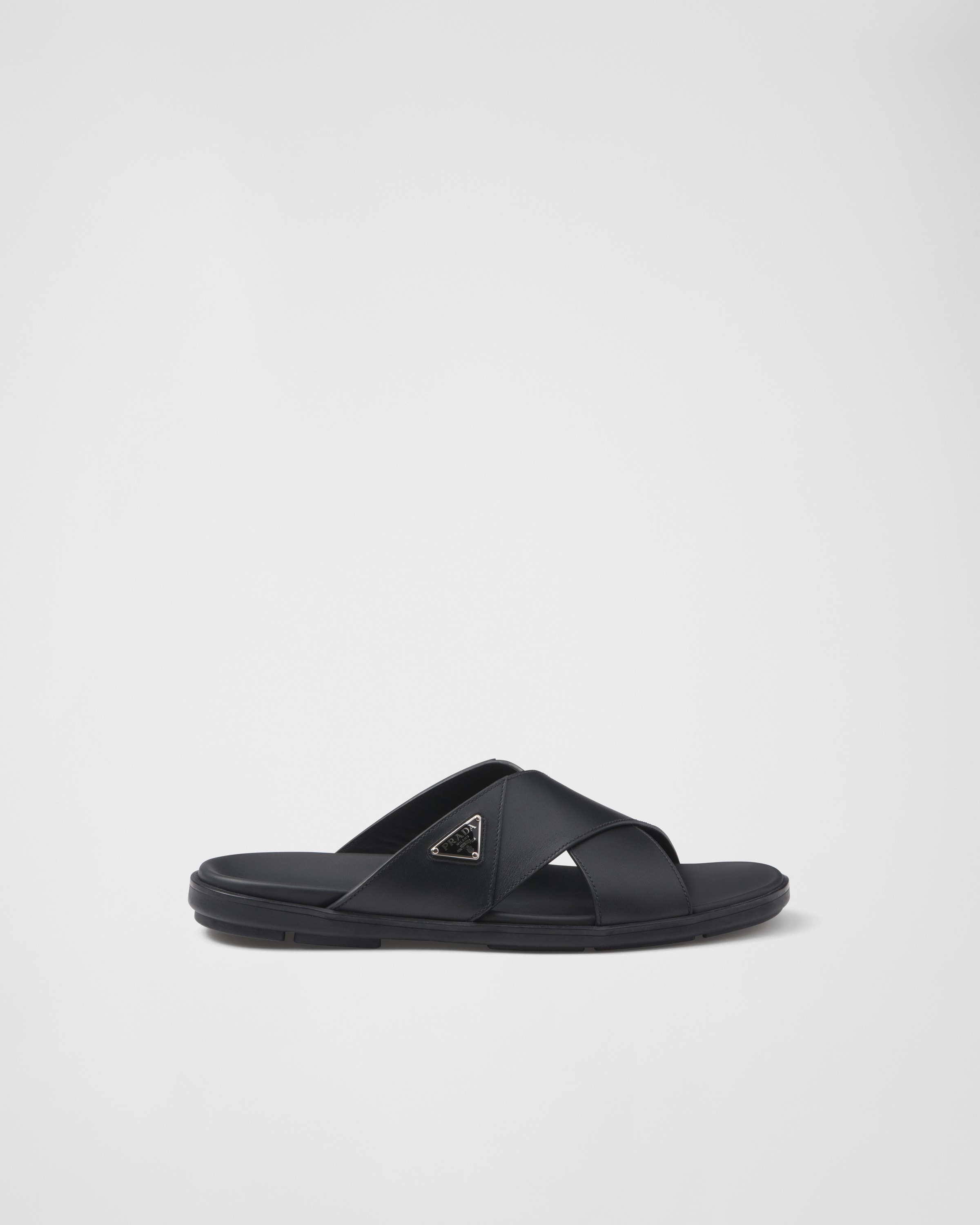 Prada Leather Crisscross Slides, Man, Black, Size 12