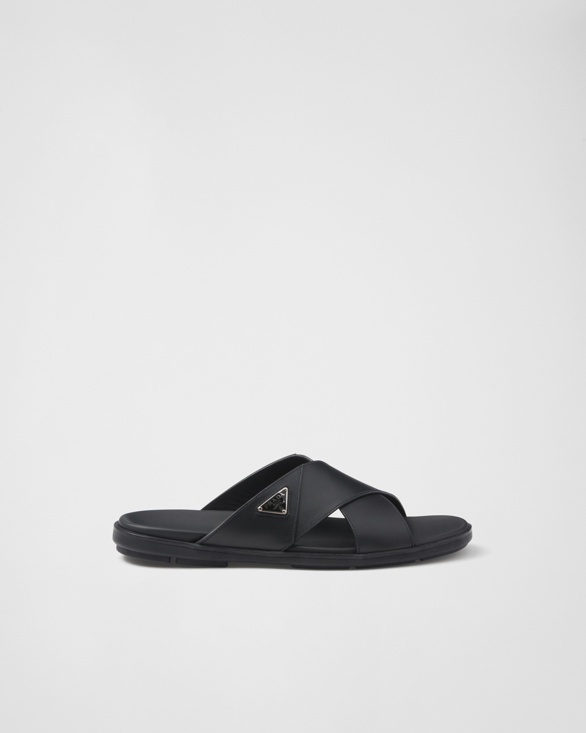 Prada Leather Crisscross Slides, Man, Black, Size 7,5