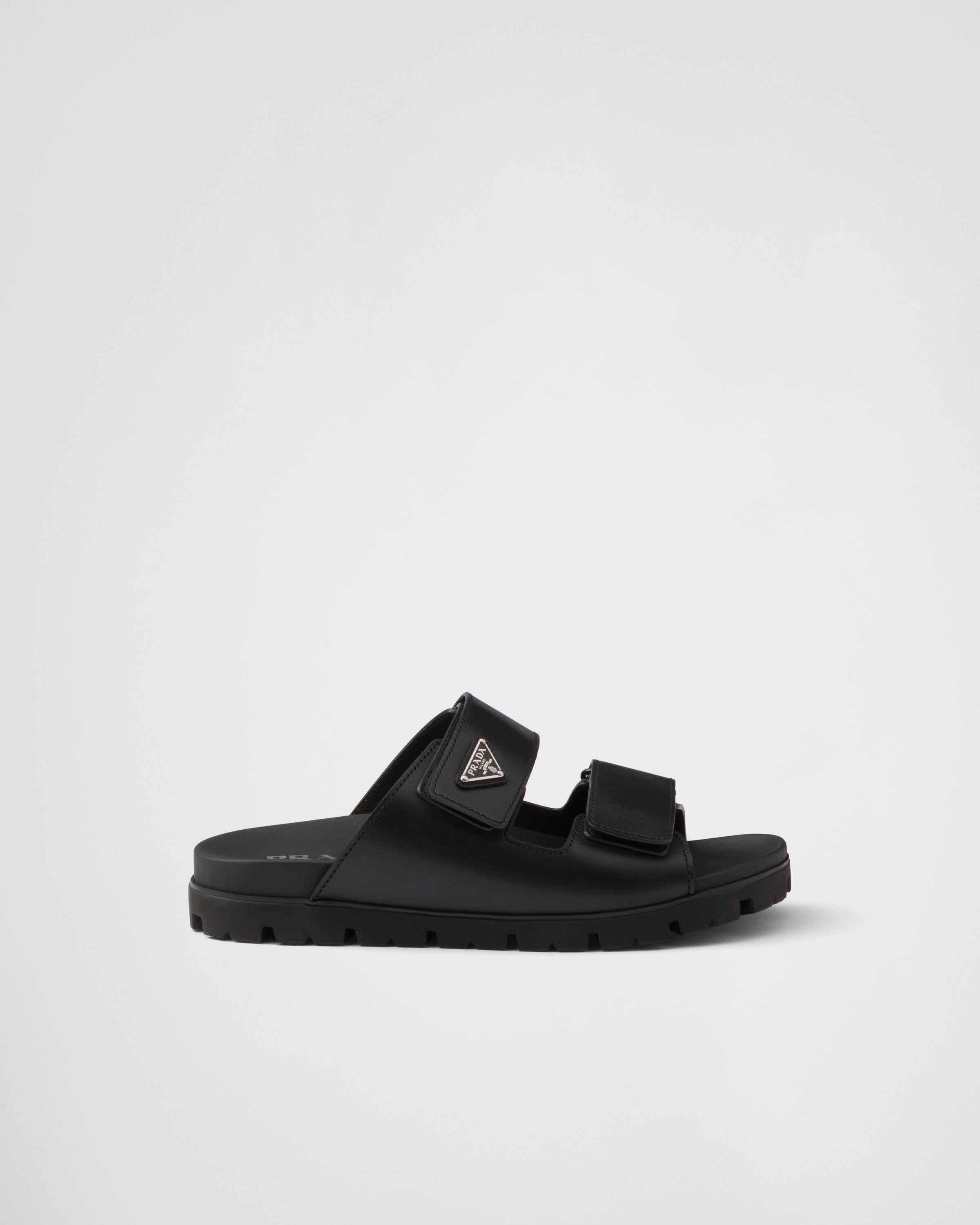Prada Leather Strap Slides, Man, Black, Size 8