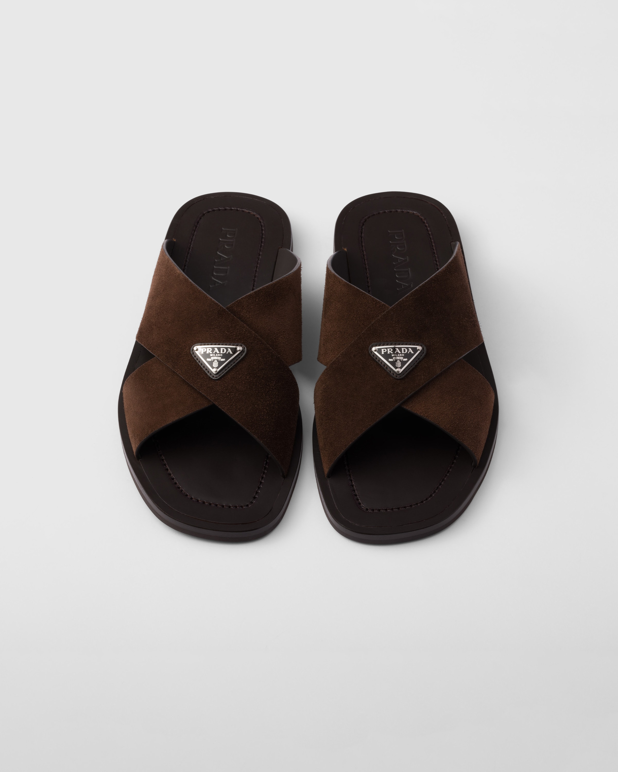 【PRADA】スエードのクロススライド ネイビー スエード ストラップ スライドサンダル | PRADA