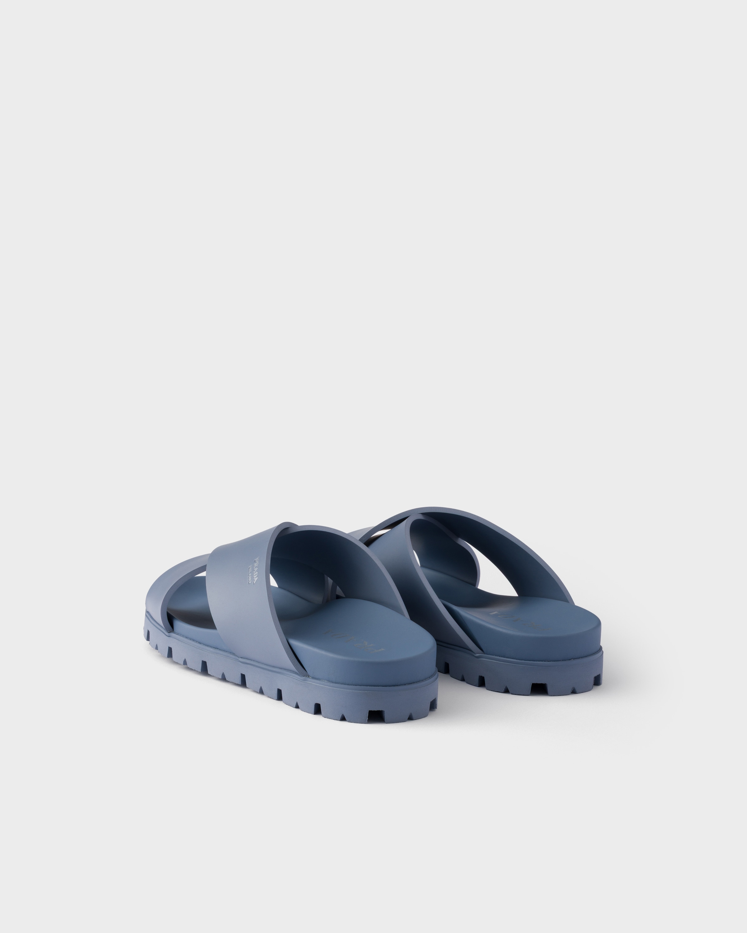 Aviation Blue Crisscross Rubber Slides | PRADA