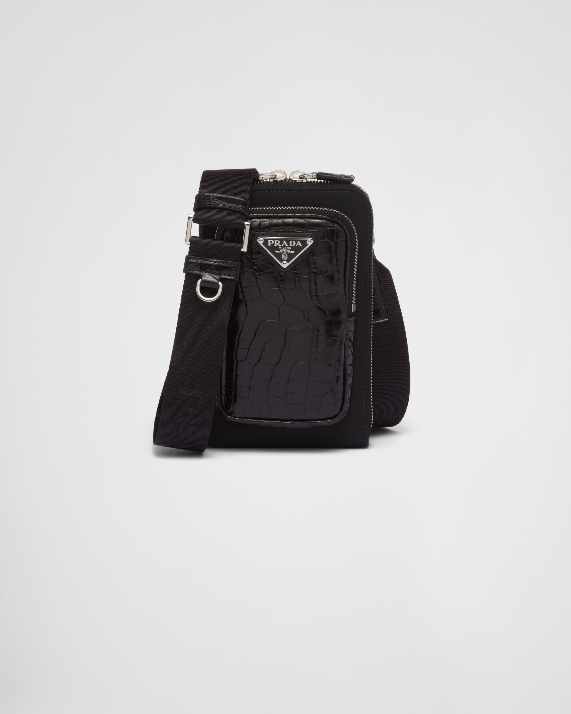 ブラック Re-Nylon xクロコダイルレザー スマートフォンケース
