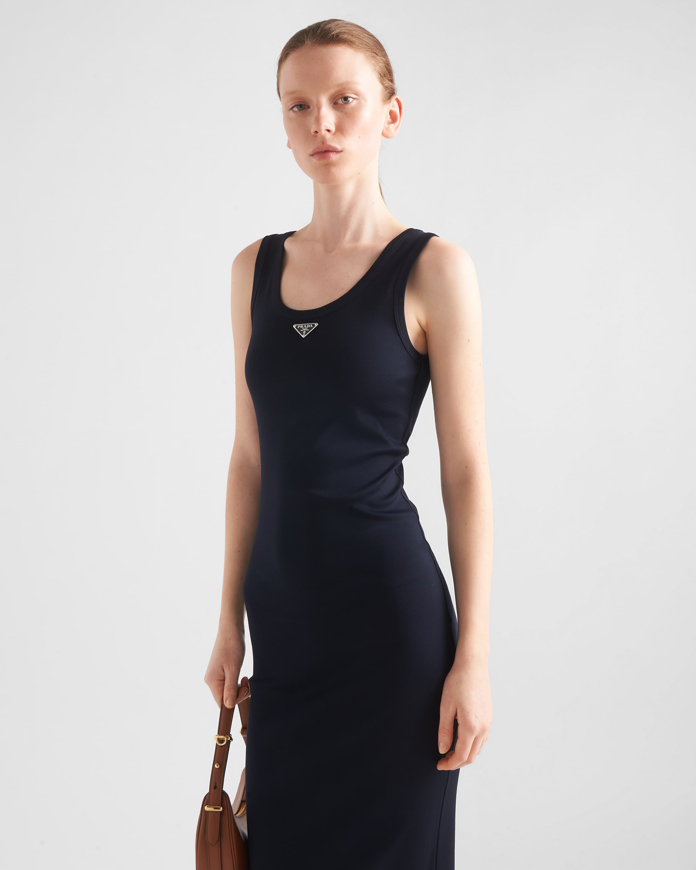 Prada Womens Blue Brand-plaque Slim-fit Cotton Midi Dress In Navy