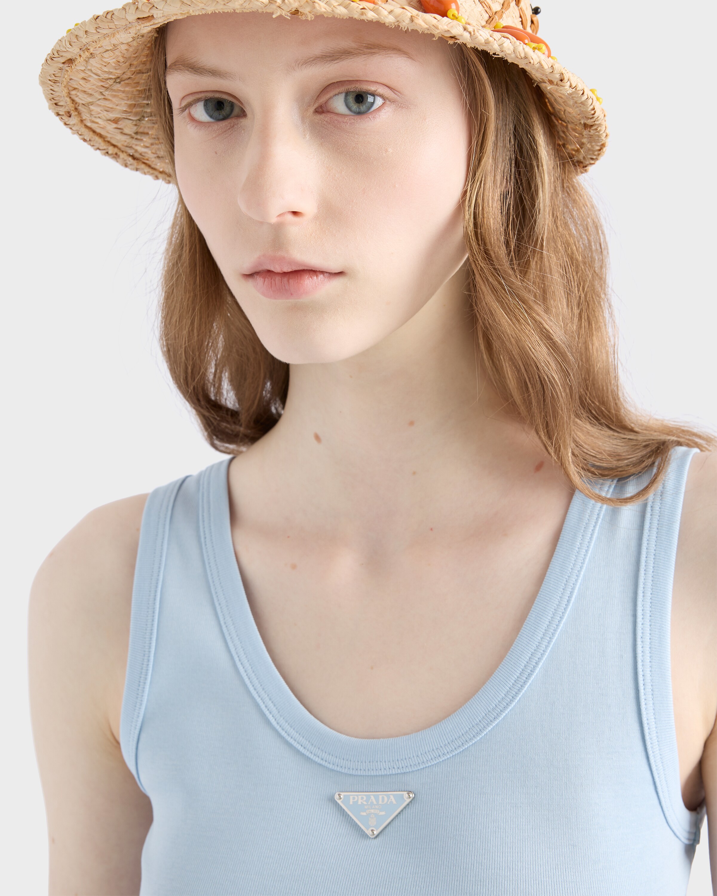 【PRADA】リブニットコットンドレス ワンピース★スカイブルー 新作【プラダ】リブ編み コットン ドレス (PRADA/ワンピース