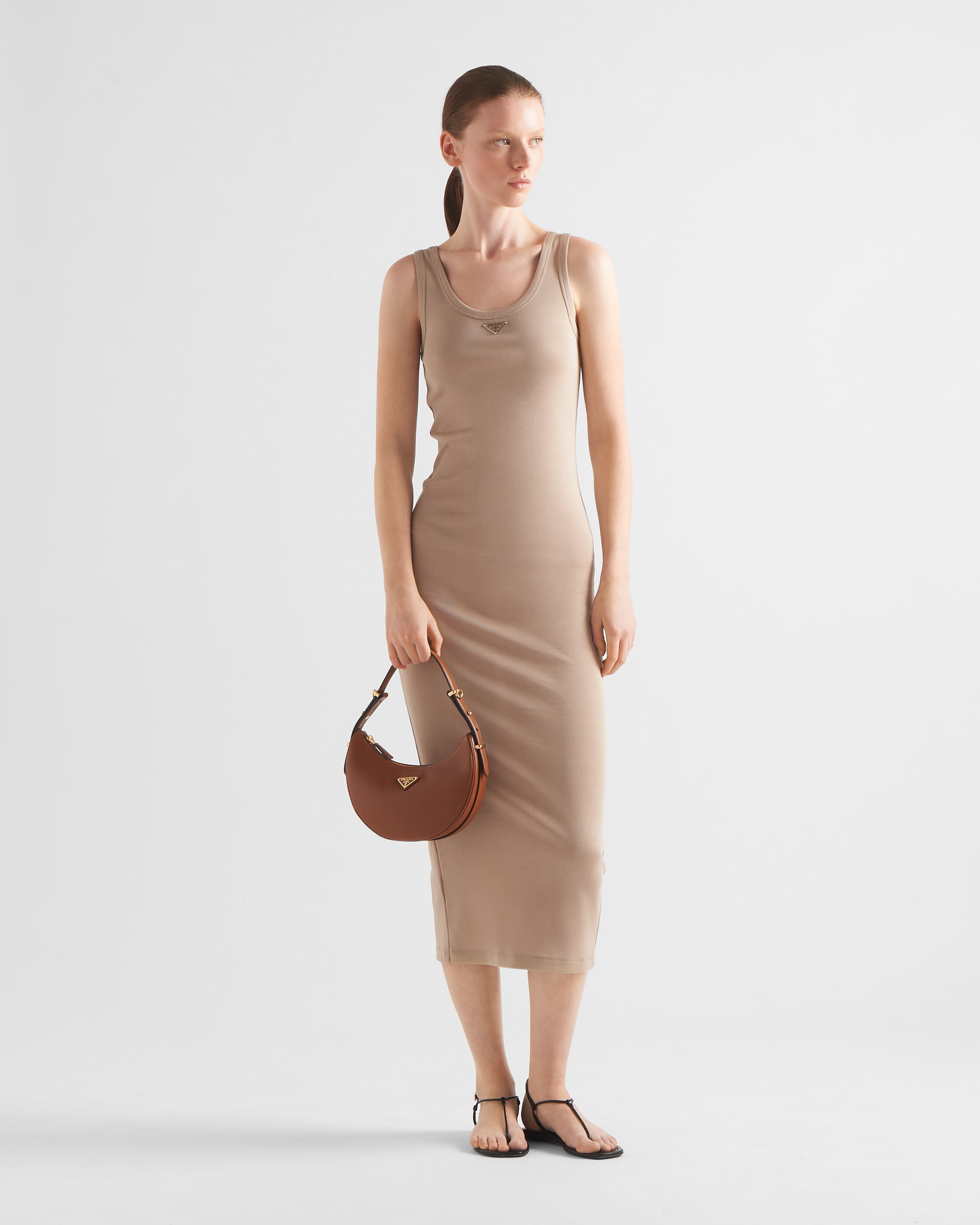 Khaki Ribbed Knit Cotton Dress PRADA