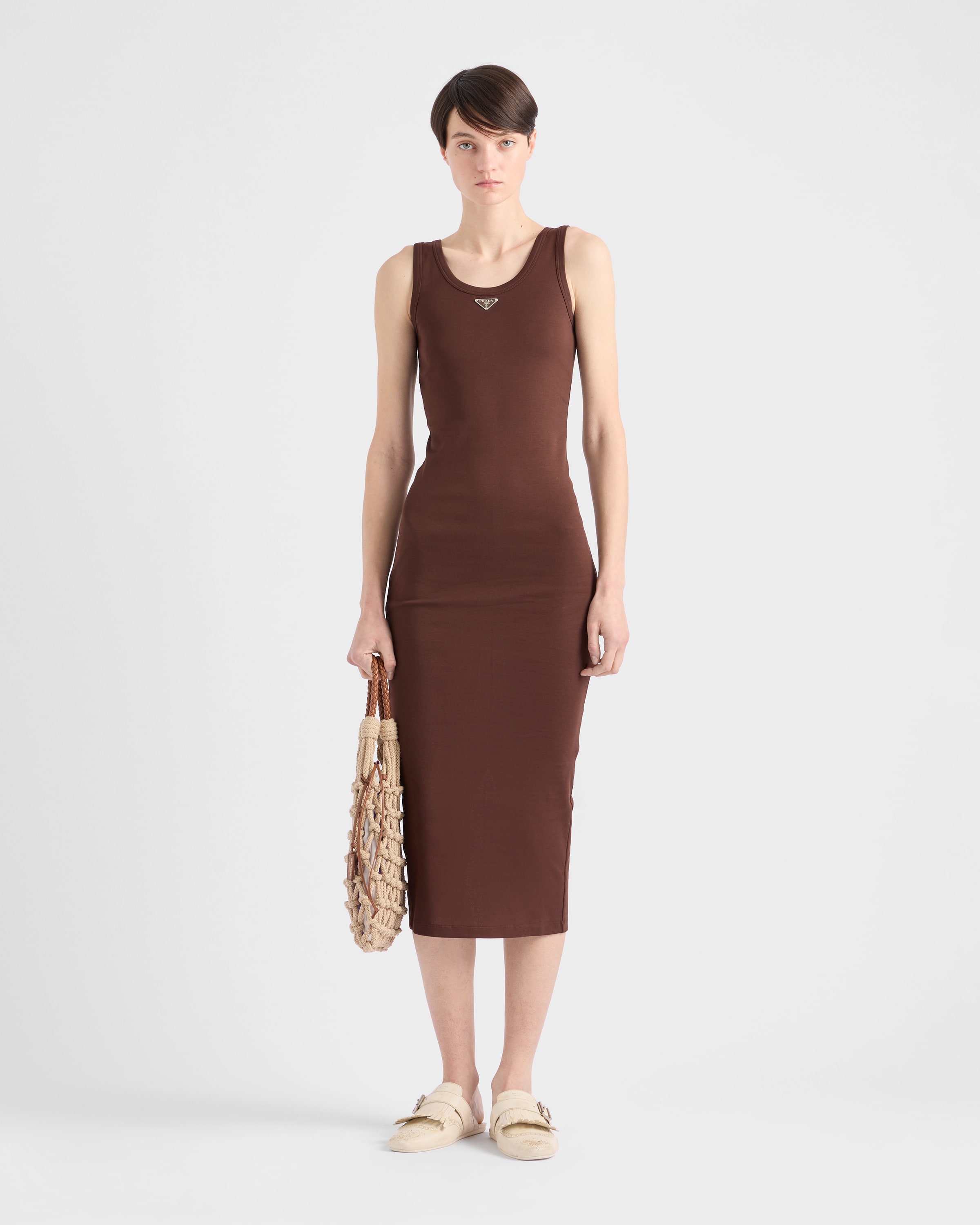 Cocoa Brown Ribbed Knit Cotton Dress | PRADA