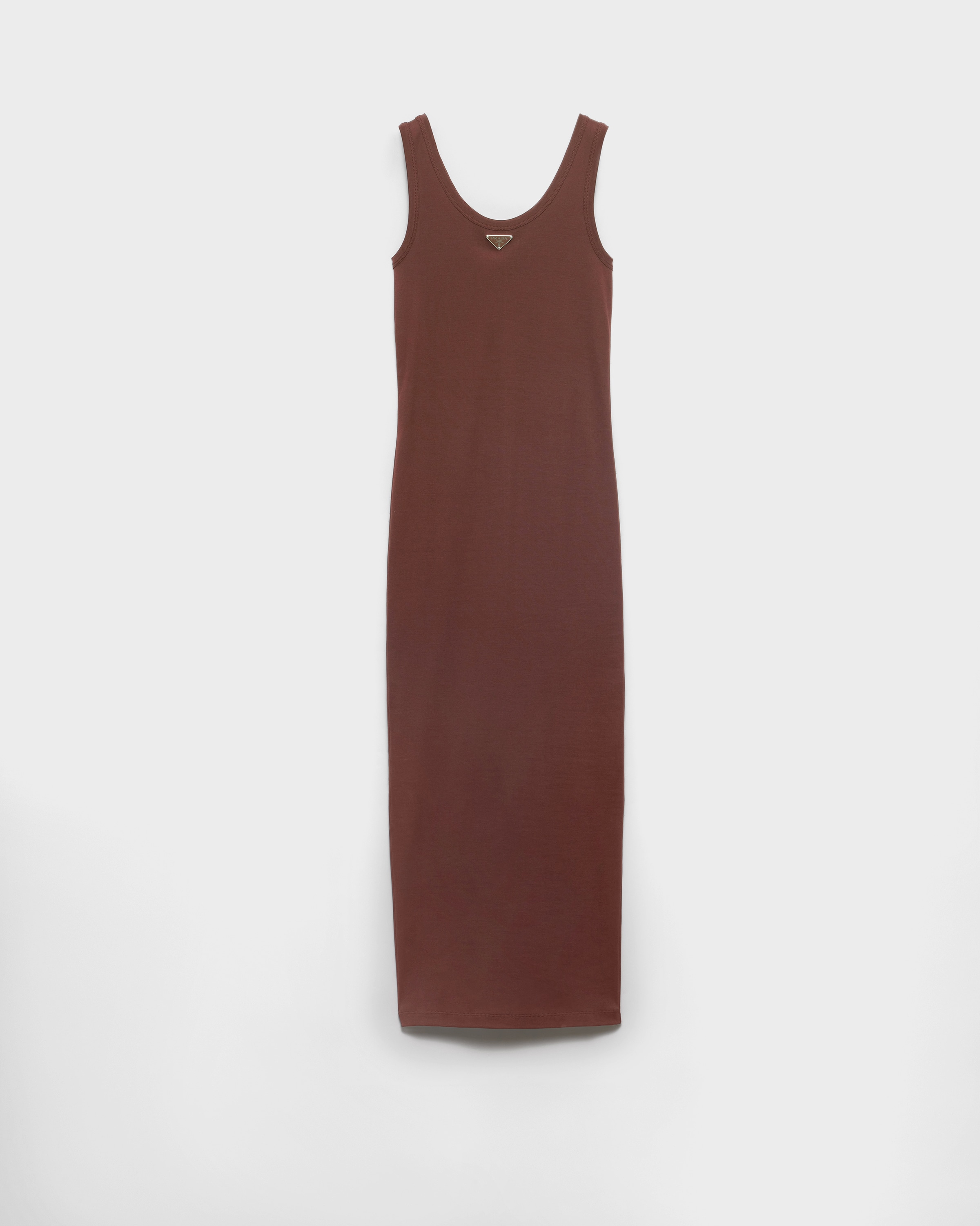 Cocoa Brown Ribbed Knit Cotton Dress | PRADA