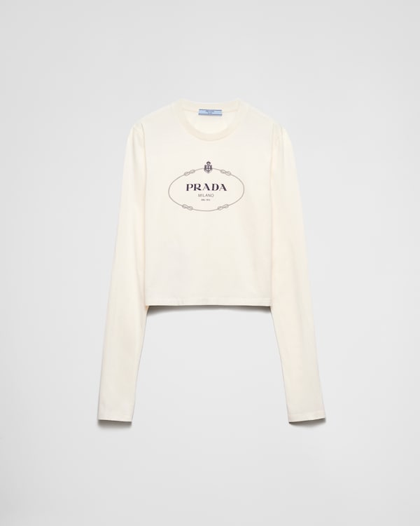 最新モデル ホワイト 刺繍トライアングル入り ジャージー Tシャツ | PRADA トップス