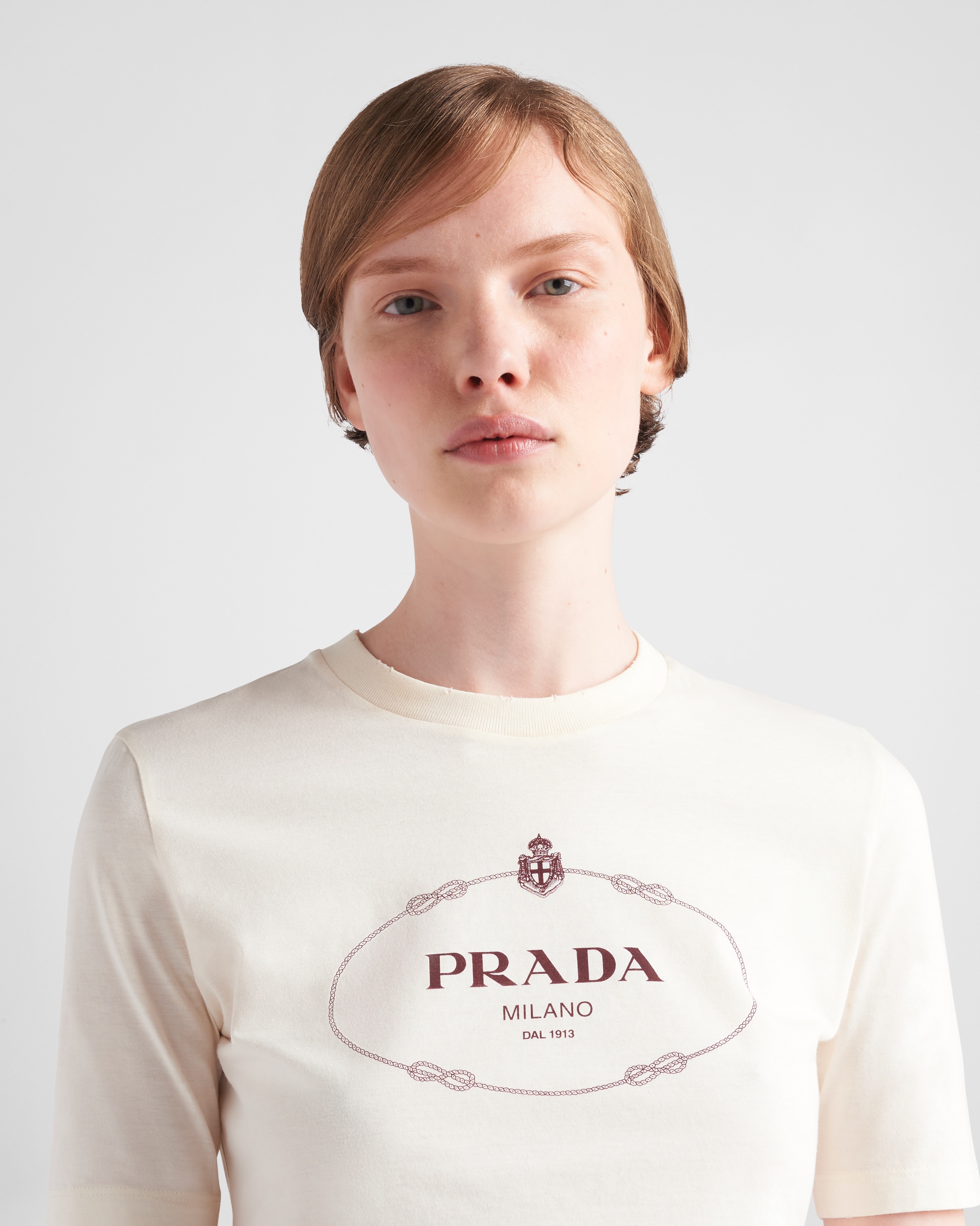 Shop Prada Printed Jersey T-shirt In Ivory/garnet