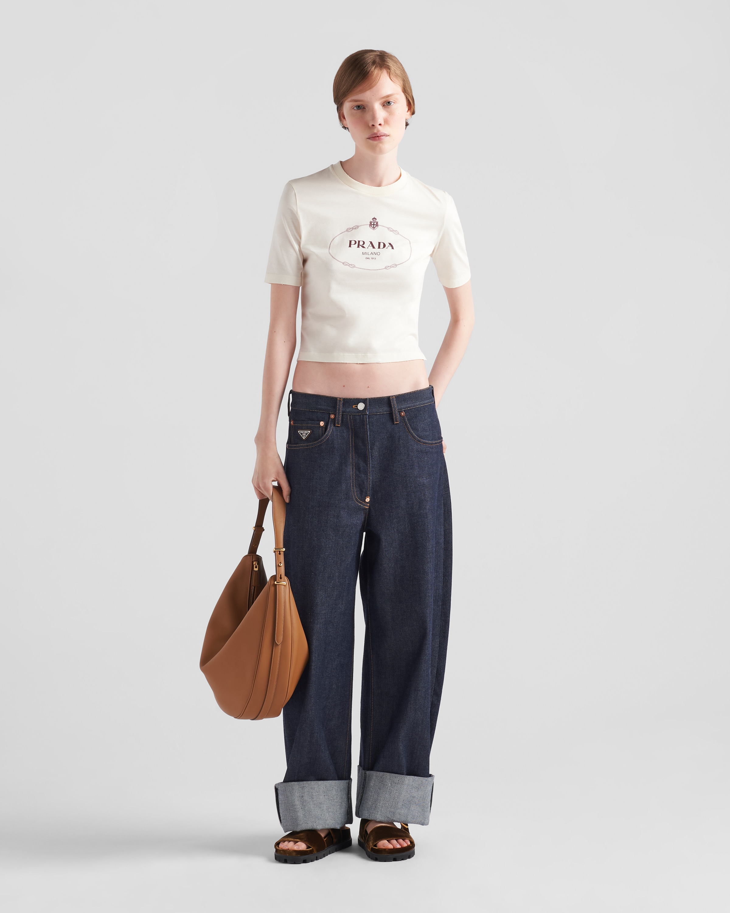 Shop Prada Printed Jersey T-shirt In Ivory/garnet